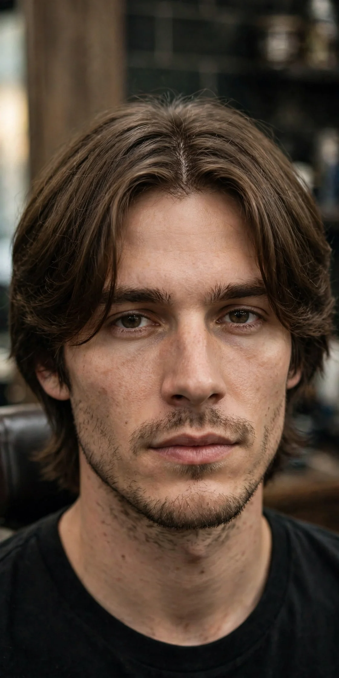 Medium length curtain bangs haircut for men with balanced parted fringe