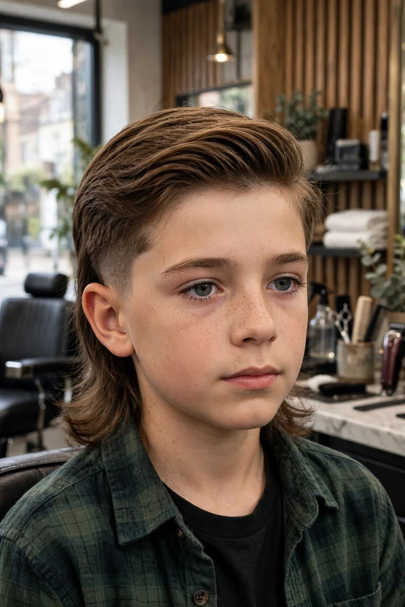Boy with an undercut kids mullet haircut — disconnected undercut sides clipped short, long top swept back, long back
