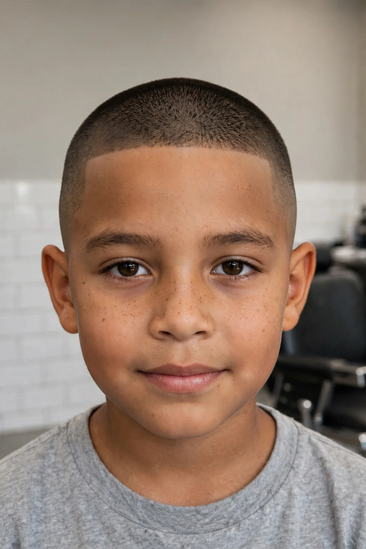 Young boy with a 90s buzz cut, uniform super-short hair all over, clean — 90s boy haircuts