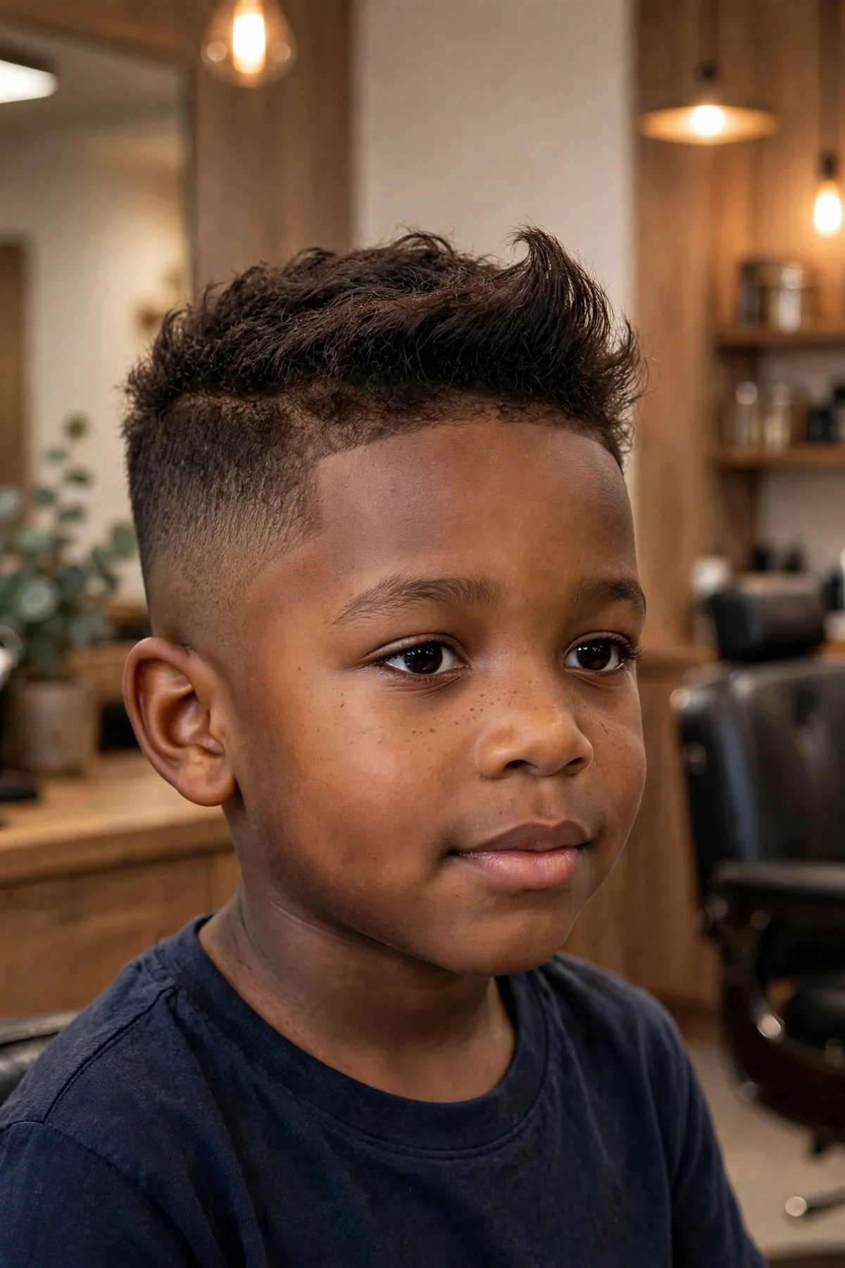 Little boy short quiff with low fade haircut, small quiff on top with low faded sides, stylish kids haircut