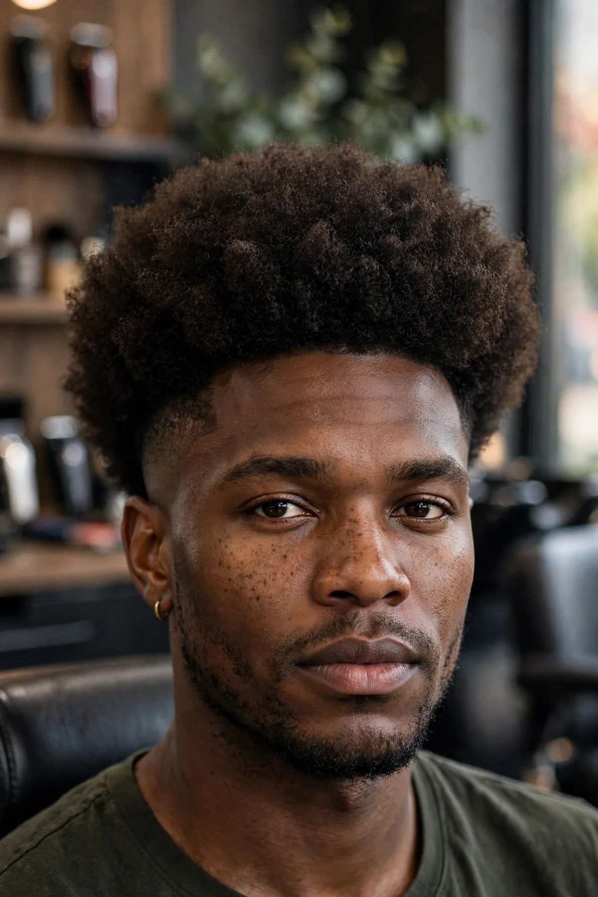 Afro fade haircut, full rounded natural afro on top with clean faded sides