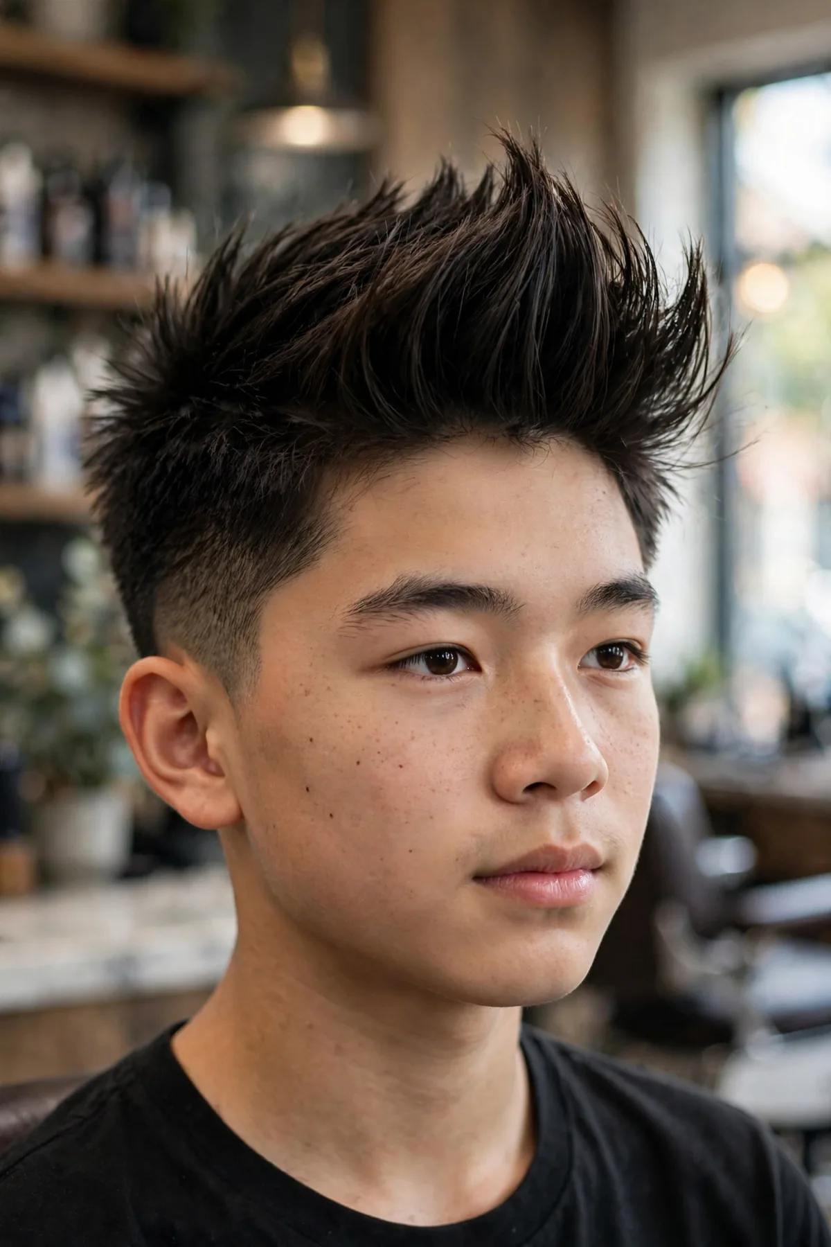 Asian teen boy with a spiky quiff asian boy haircut, height at the front and tapered sides