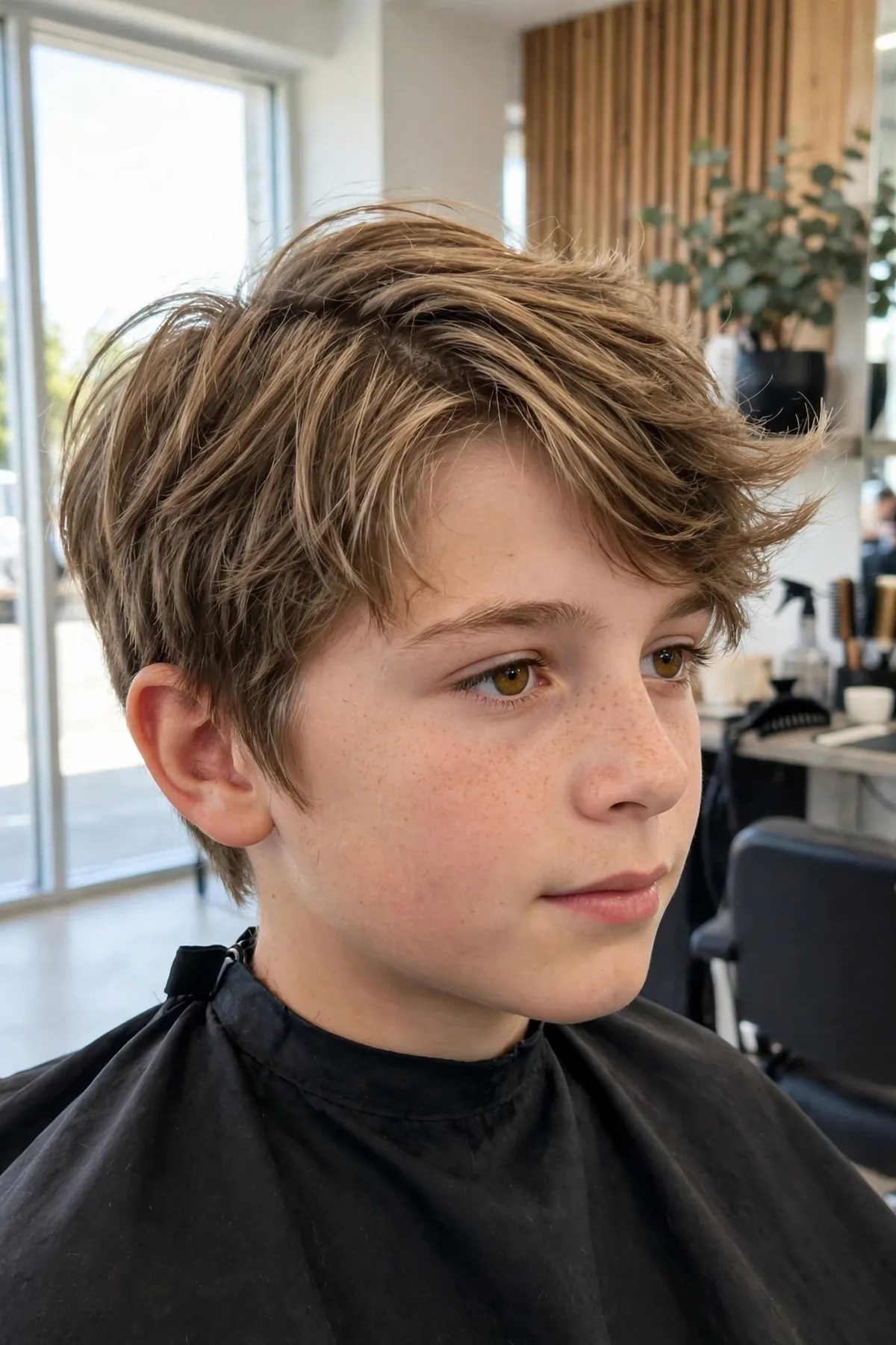 Boy with a shaggy side part haircut, choppy layers swept to one side from a soft part