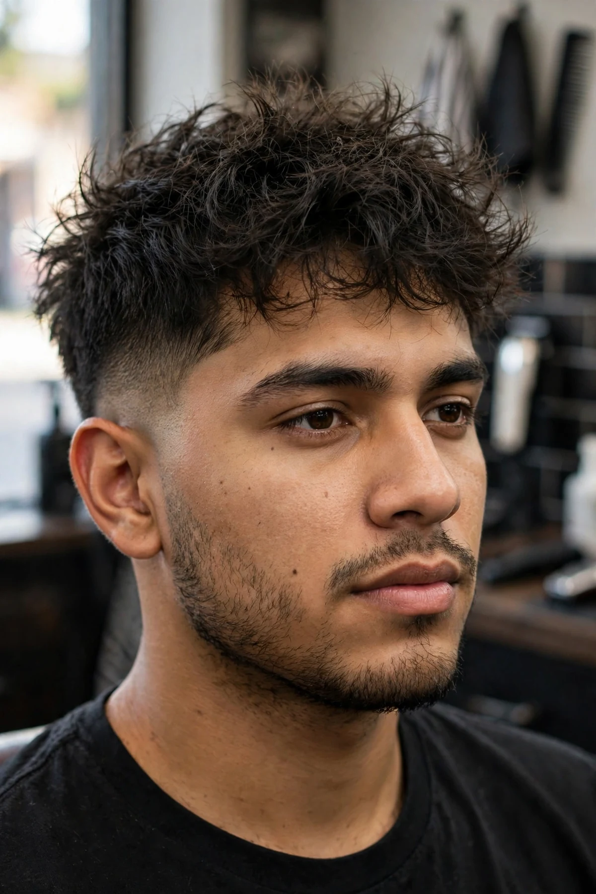 Messy top fade haircut with tousled top and low fade
