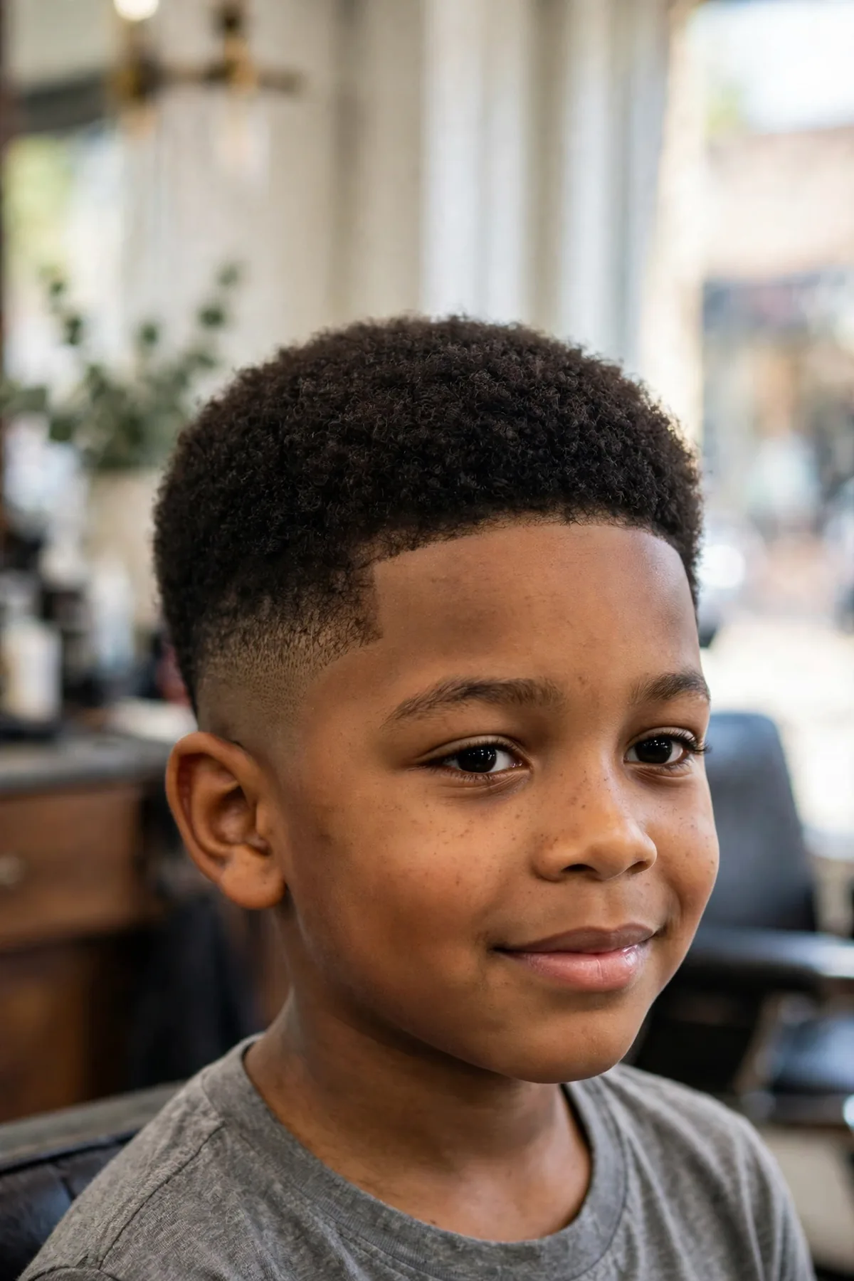 Little boy with a short tapered afro fade haircut for boys — short rounded afro with tapered fade sides