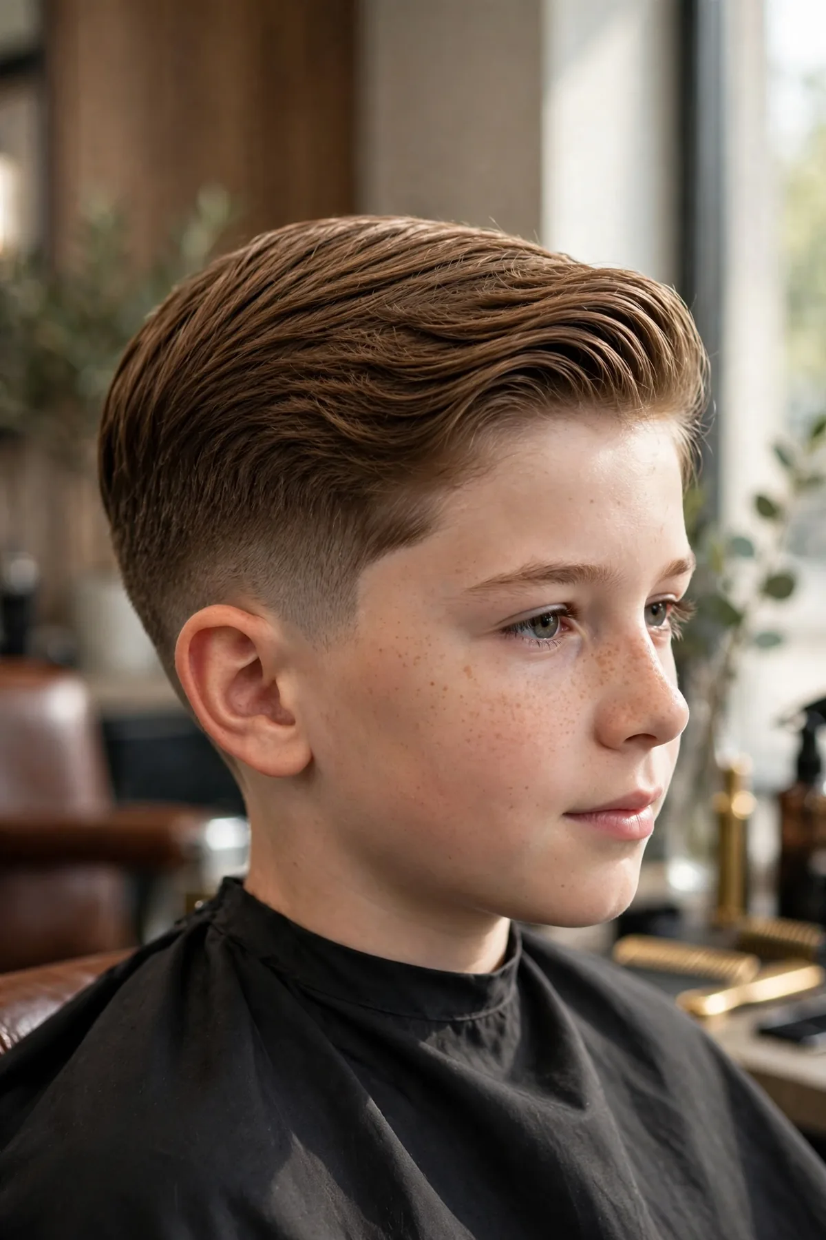 Photorealistic photo of a boy with a long ivy league haircut, neat longer side-swept top with tapered clean sides, polished premium barbershop finish. A smart modern longer boy haircut.