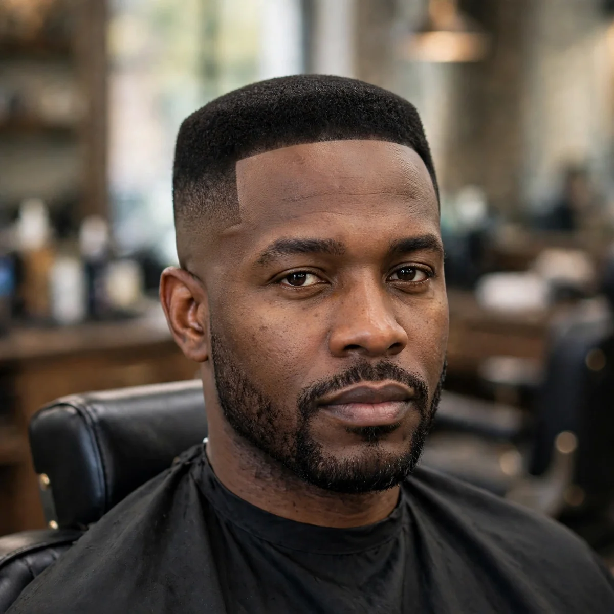 Flat top low skin fade haircut, level top with sharp corners, low fade to bare skin, retro barbershop style