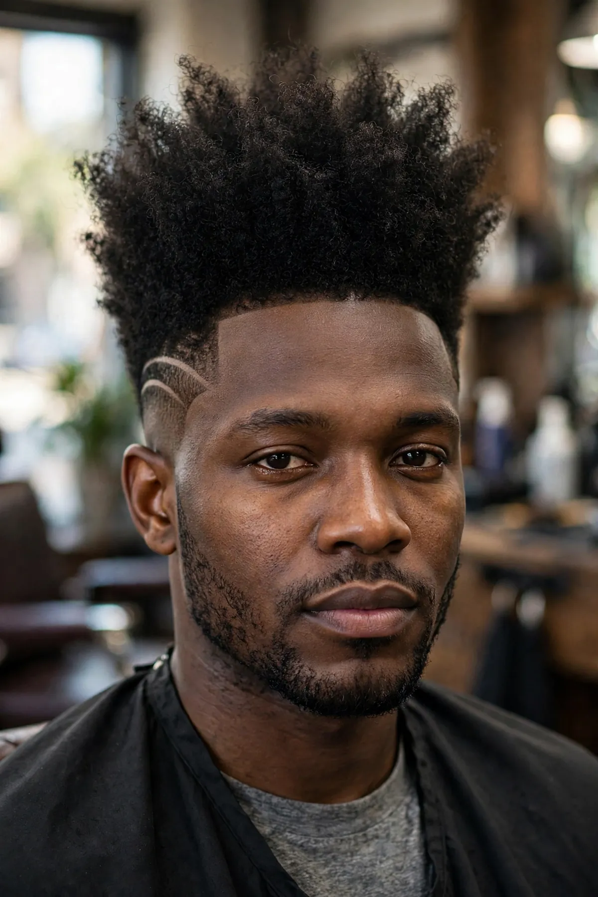 High top haircut with hair design, tall top with shaved artistic lines in the faded sides, detailed barbershop photo