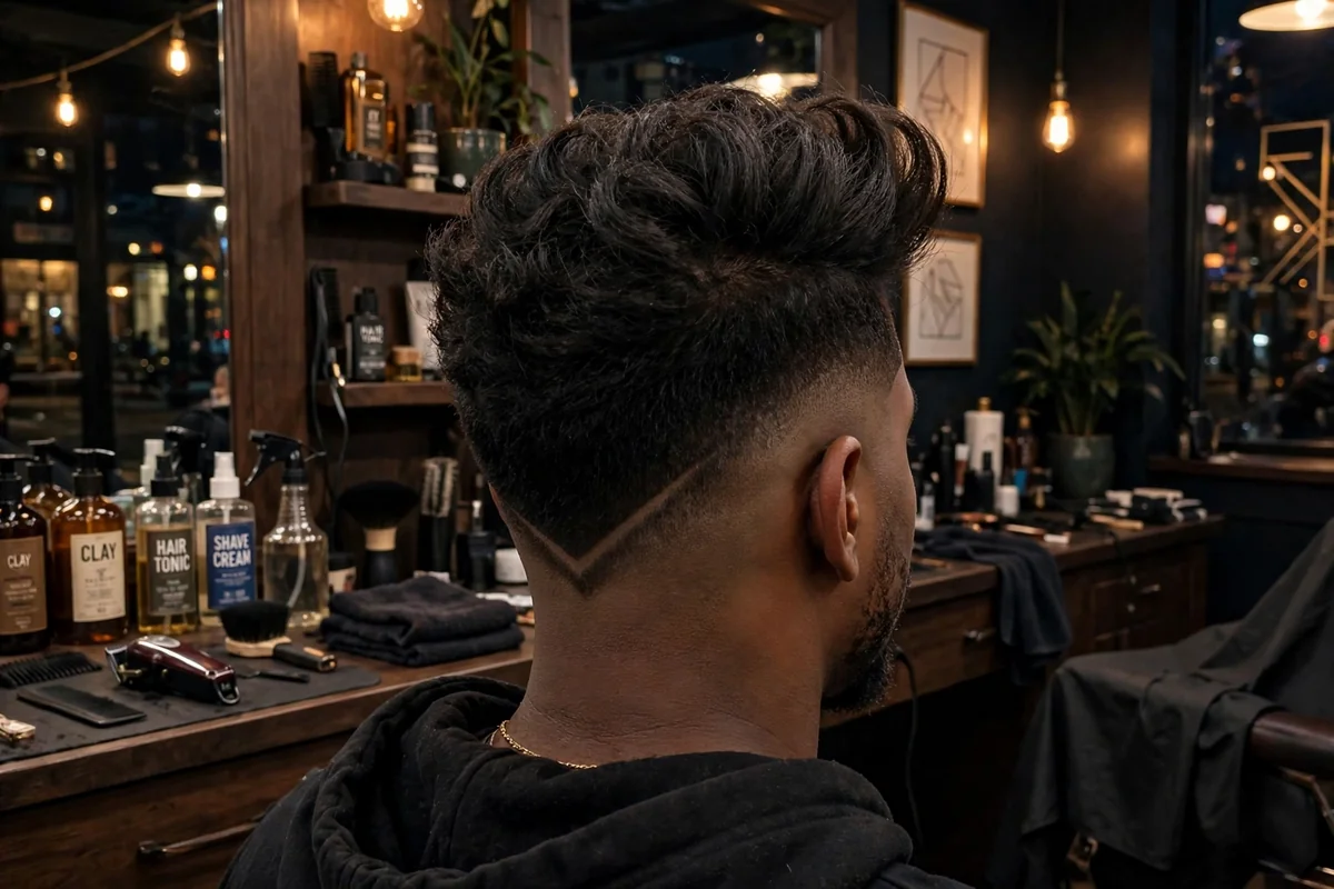 Quiff V haircut for men with lifted front and faded V nape