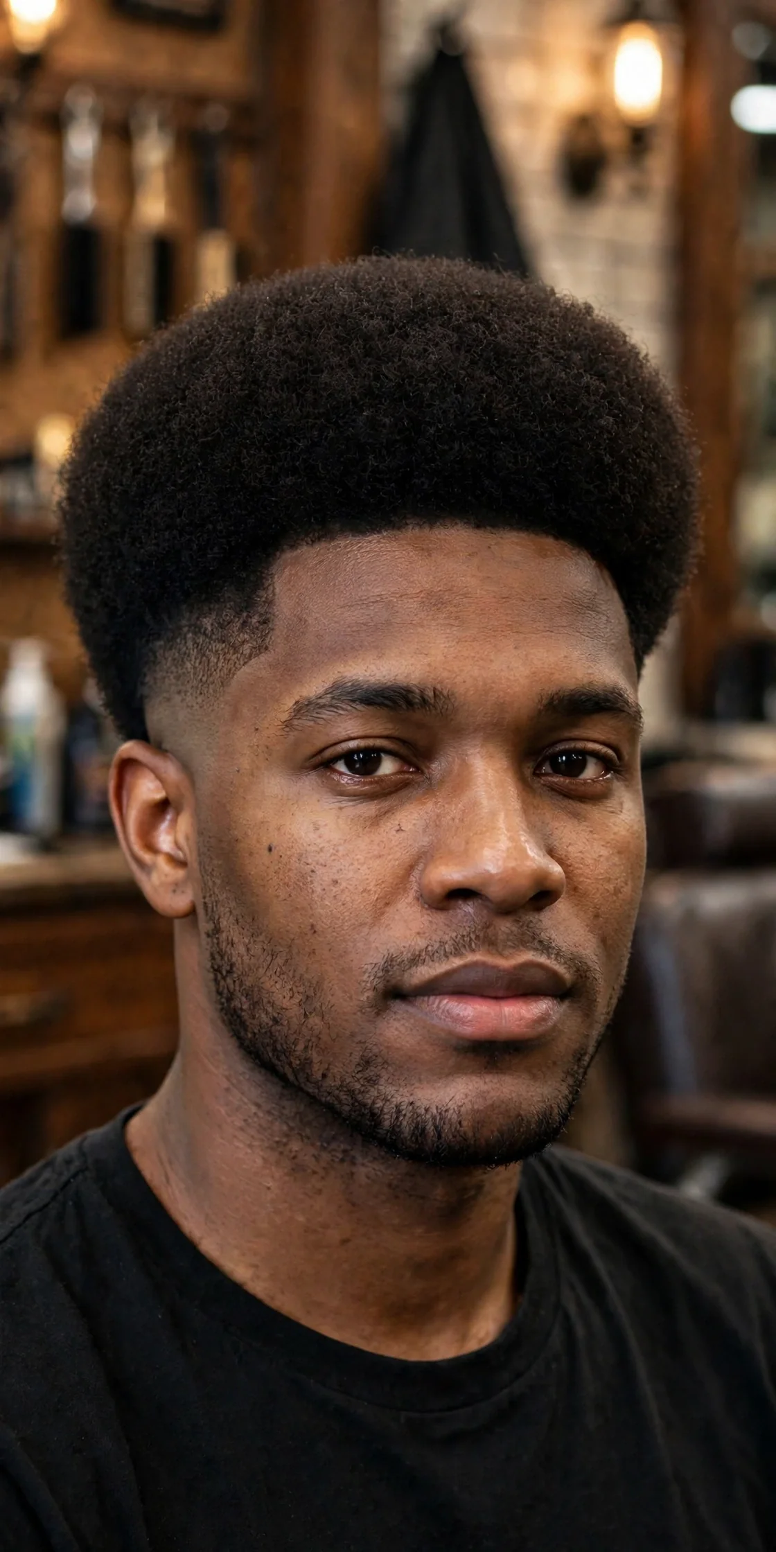 Afro shadow fade haircut on a Black man, rounded full afro on top, soft shadow stubble fade at the sides, crisp natural shape