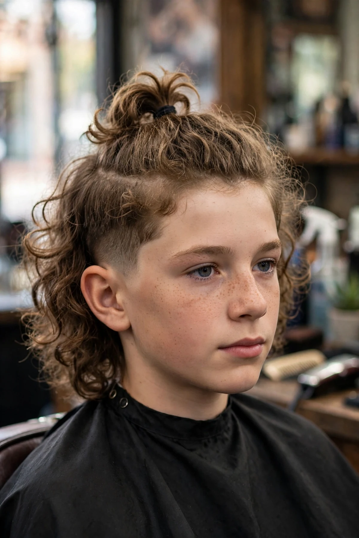 Curly top knot boys hairstyle with medium curls pulled into a half up knot