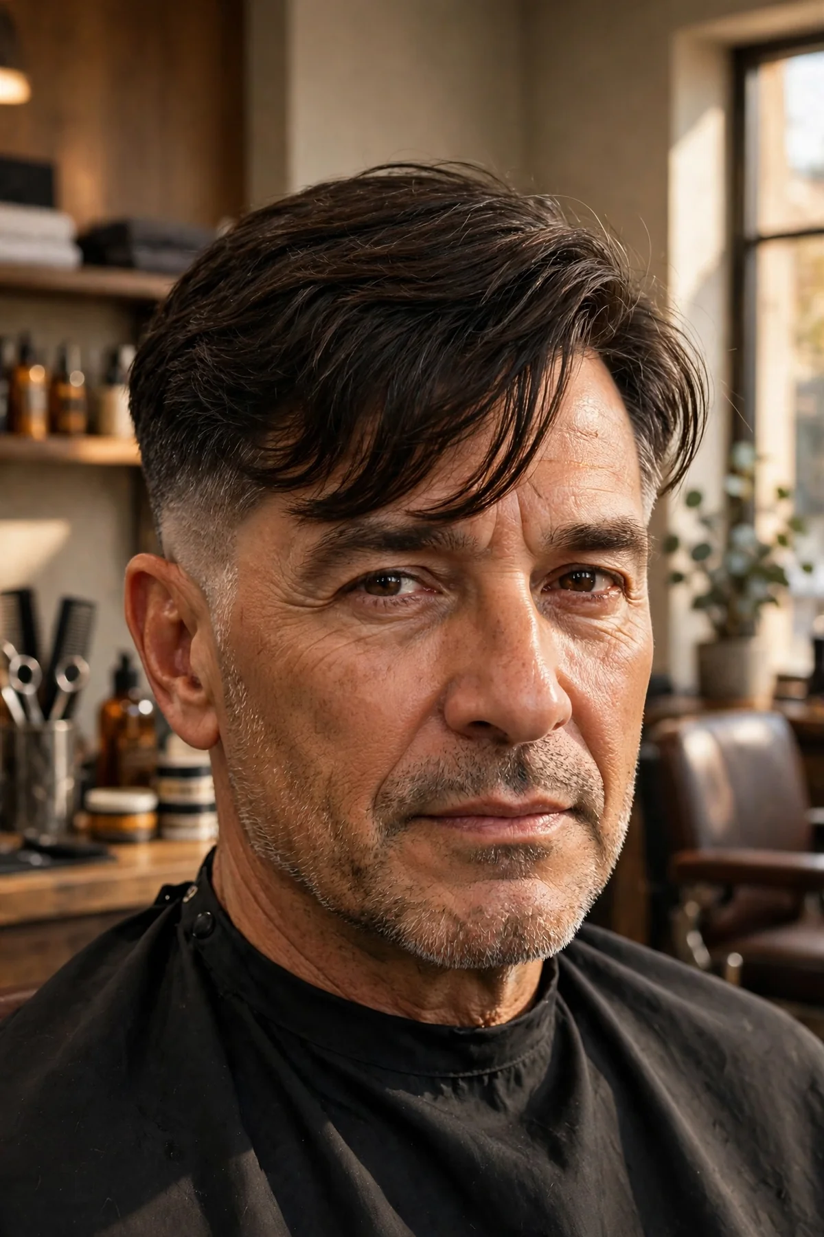 Mature man with forward flow haircut and taper fade, fringe covering hairline