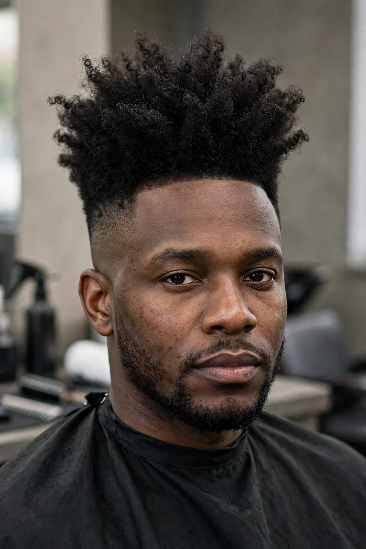 High top fade with coily hair, tall rounded top and skin fade sides