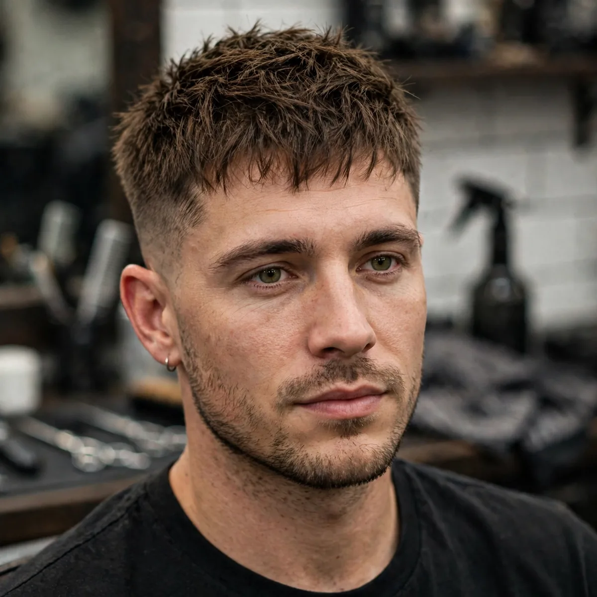Short textured crop with choppy layers on top and faded sides, a modern simple haircut for men