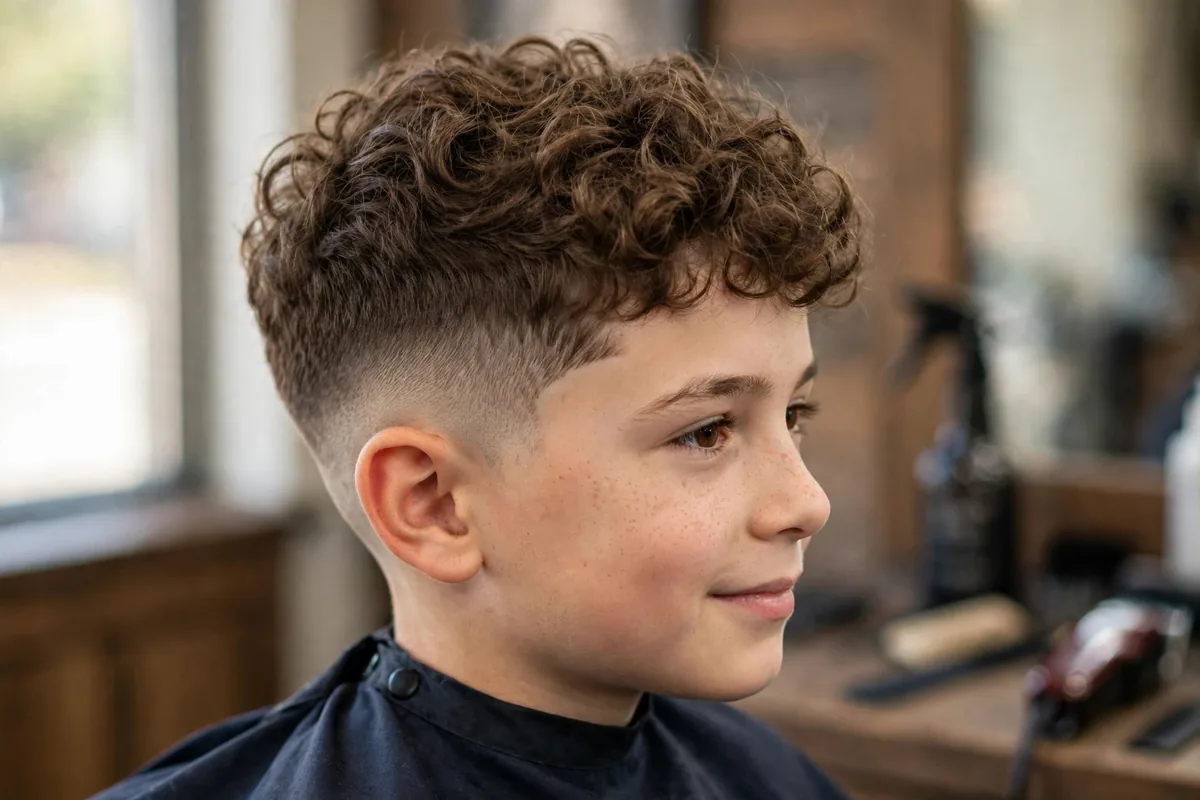 Temp fade with sharp lineup haircut for boys, temple fade with crisp edged hairline