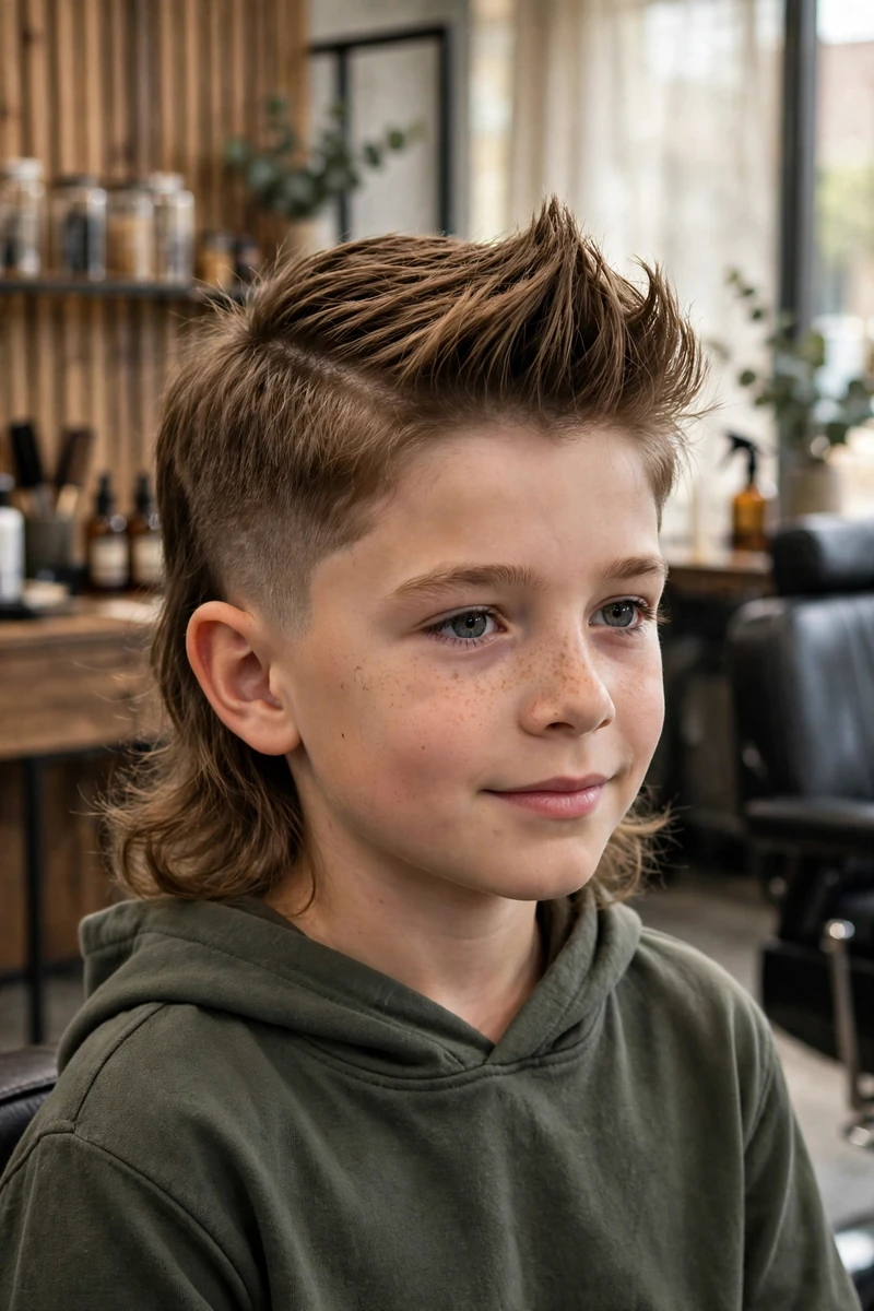 Boy with a faux hawk kids mullet haircut — faux hawk ridge on top, faded sides, mullet length at the back
