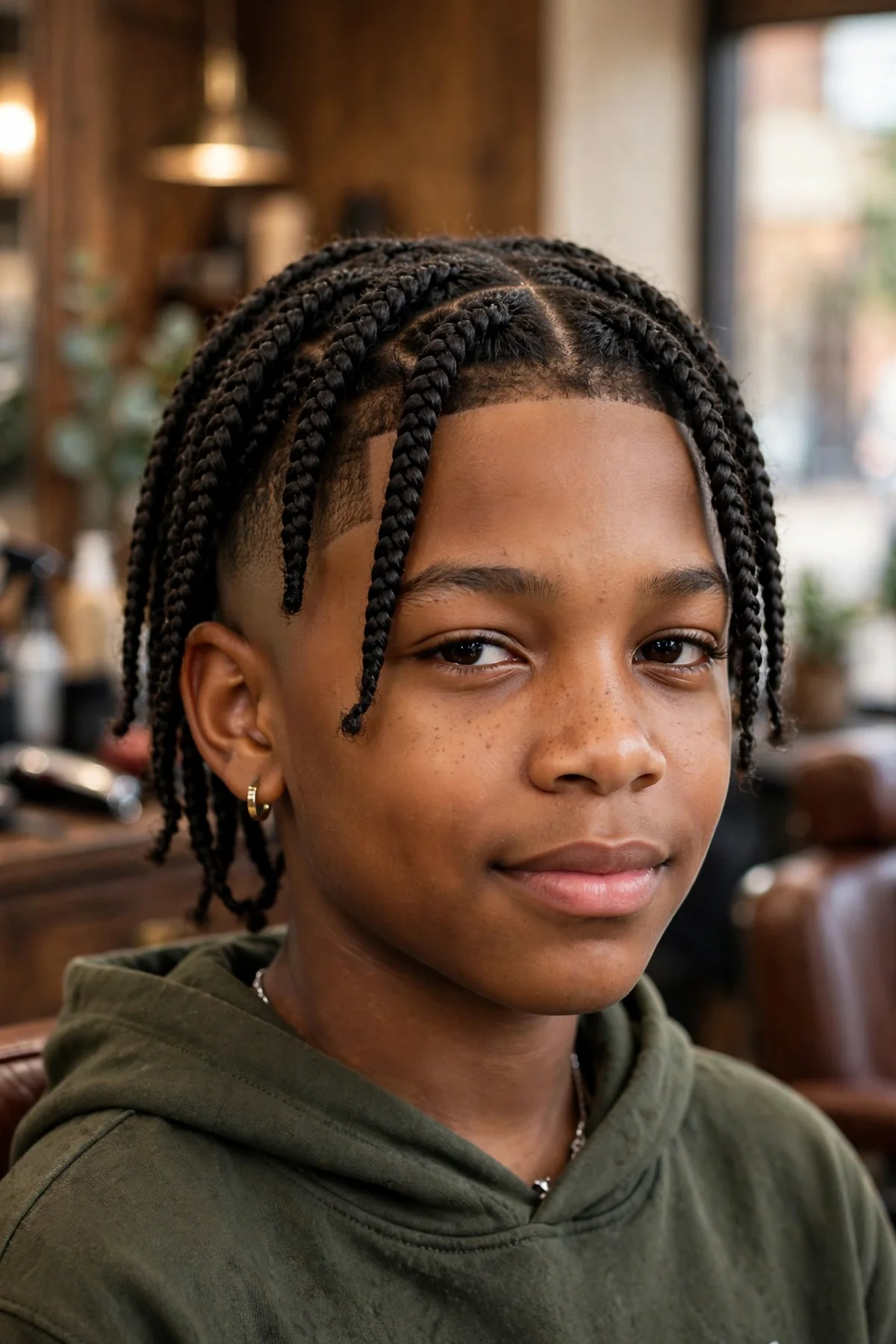 Black boy about 12 years old with medium-length box braids on top and tapered faded sides and back
