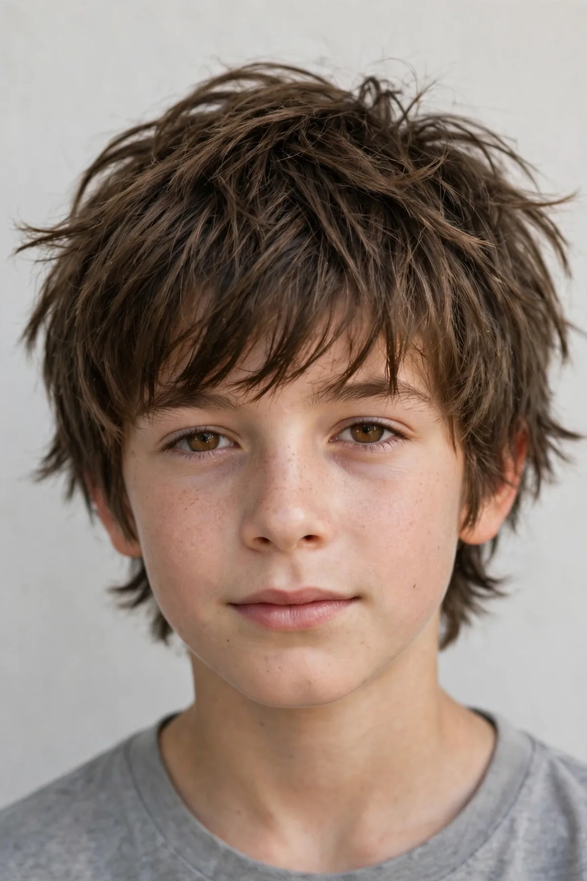 Boy with a messy shaggy haircut, deliberately tousled choppy layers with a carefree finish