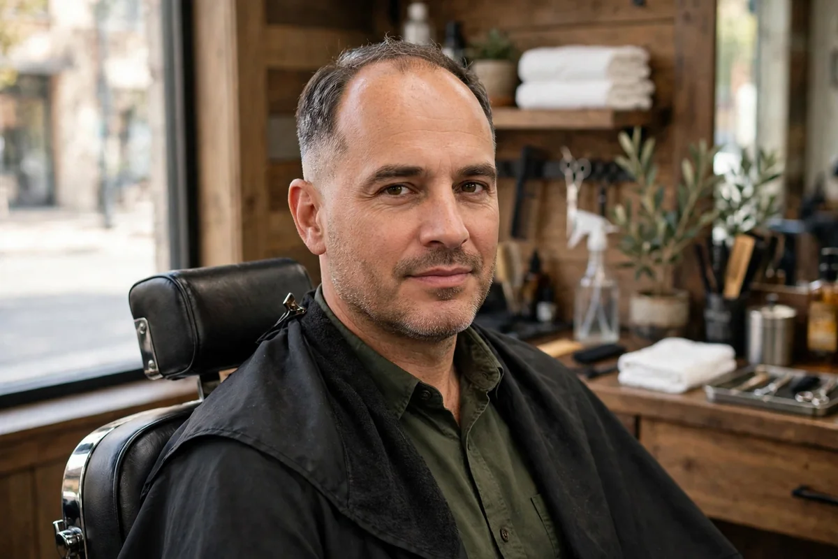 Taper fade with short top for balding men, gradual taper sides with neat short hair