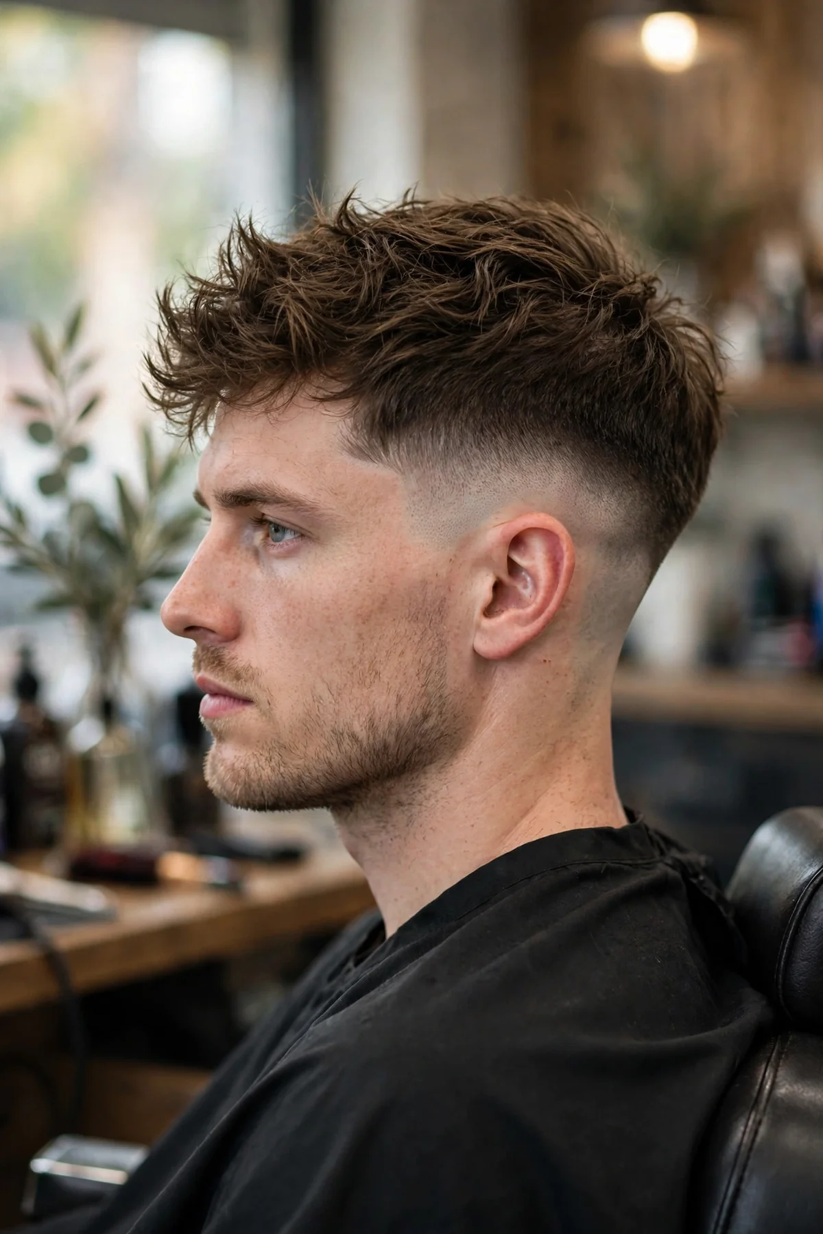 Disconnected top low skin fade haircut, longer top with a visible disconnect from faded sides, low fade to skin
