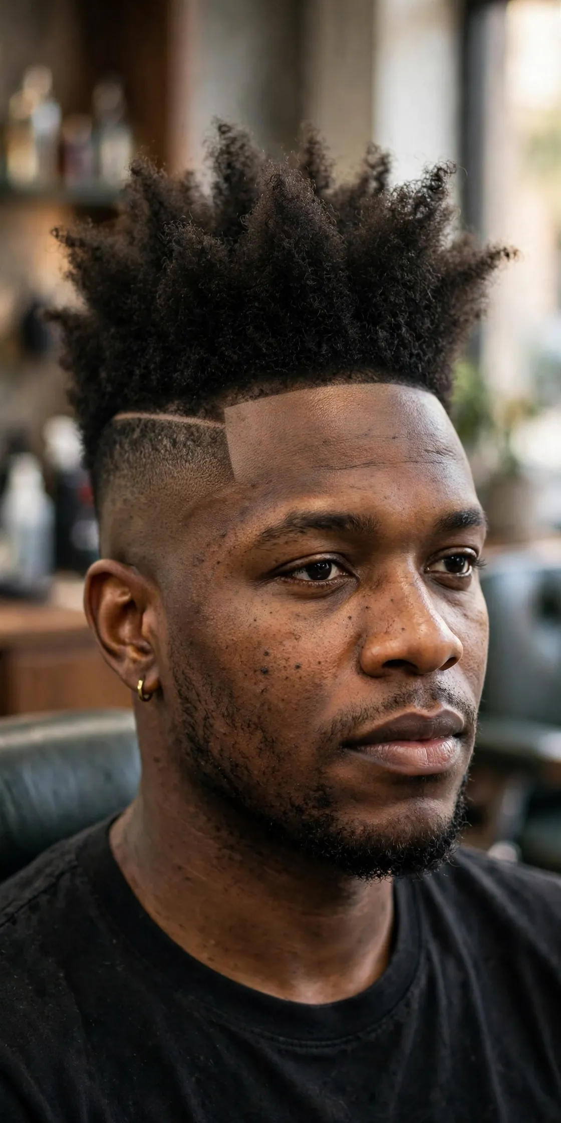High top haircut with a hard part, tall top with a shaved razor part line and faded sides, sharp barbershop photography