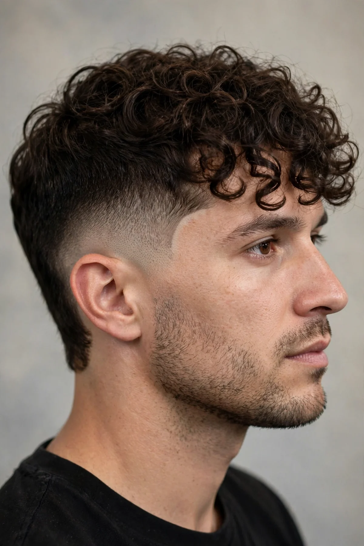 Curly fringe with mid drop fade haircut, curls falling over forehead barber photo