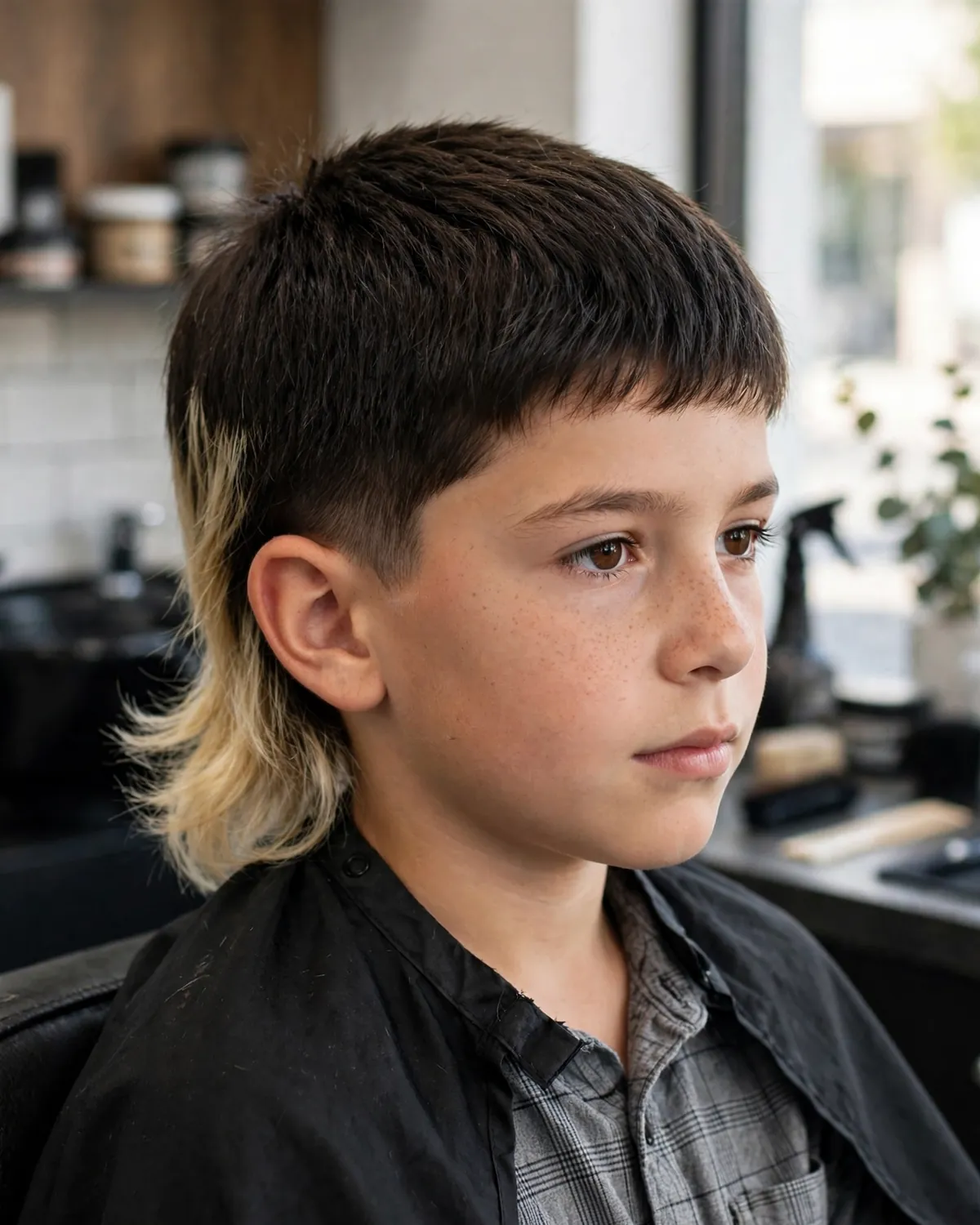 Bleached-tip boys mullet haircut photo — dark top with lightened tips, layered back