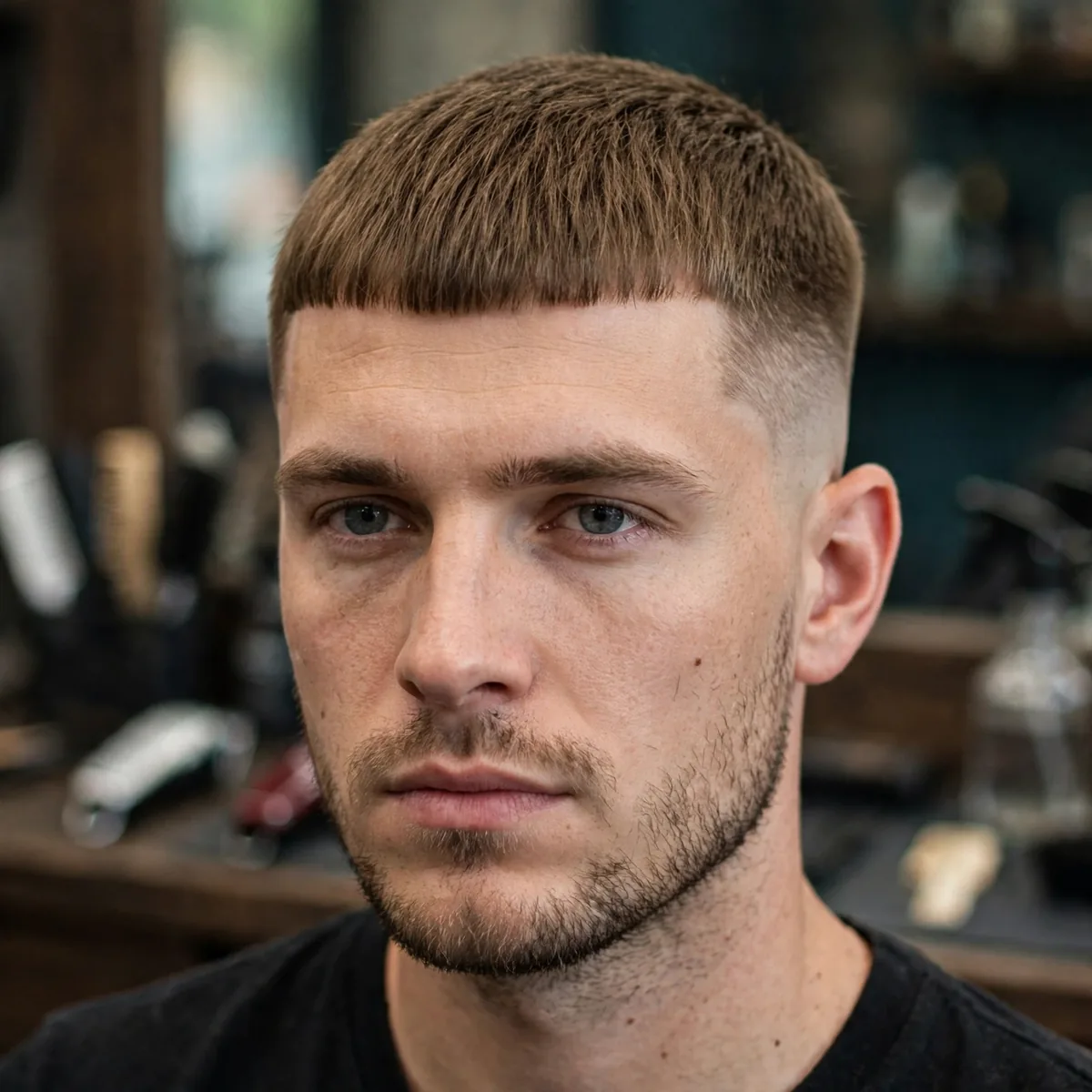 French crop with blunt fringe brushed forward and faded sides, a European simple haircut for men