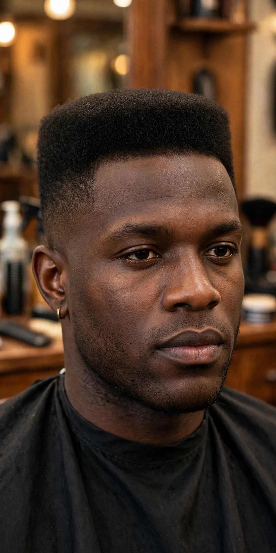 High top shadow fade haircut on a Black man, flat geometric high top with height, soft shadow stubble gradient on the sides, bold statement cut