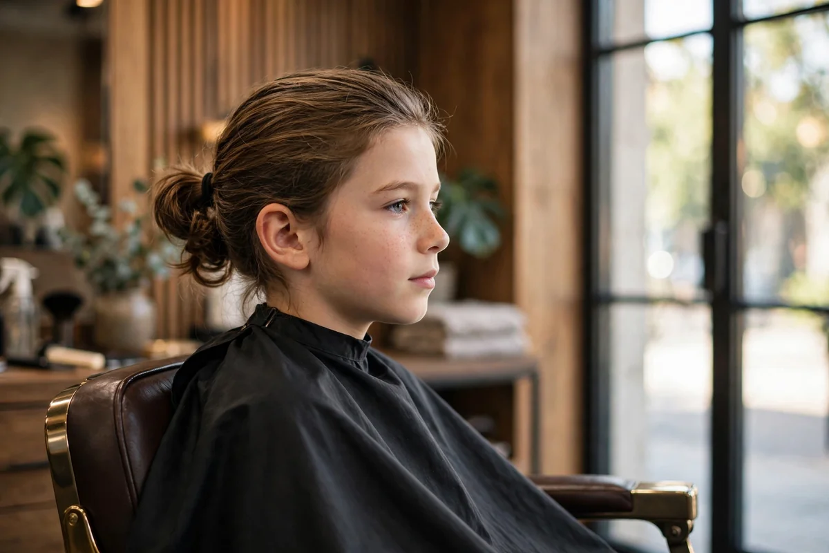 Boy with low man bun at the nape, long hair tied back relaxed