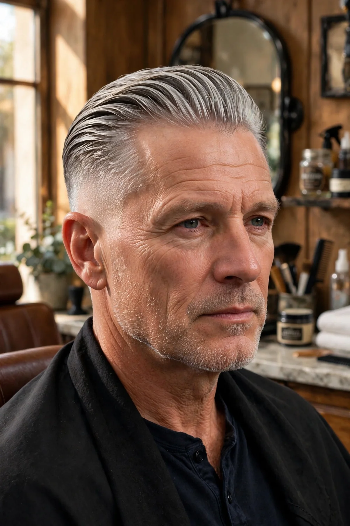Silver-haired man over 50 with slicked back haircut and mid fade, distinguished look