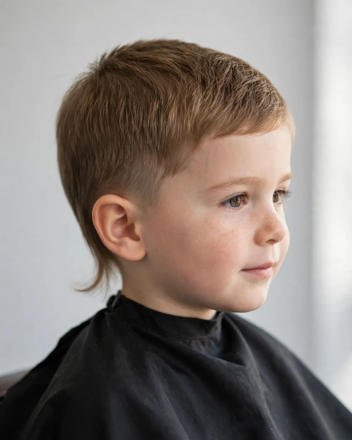 Mini boys mullet haircut photo — tiny mullet with short back just past the collar on straight hair