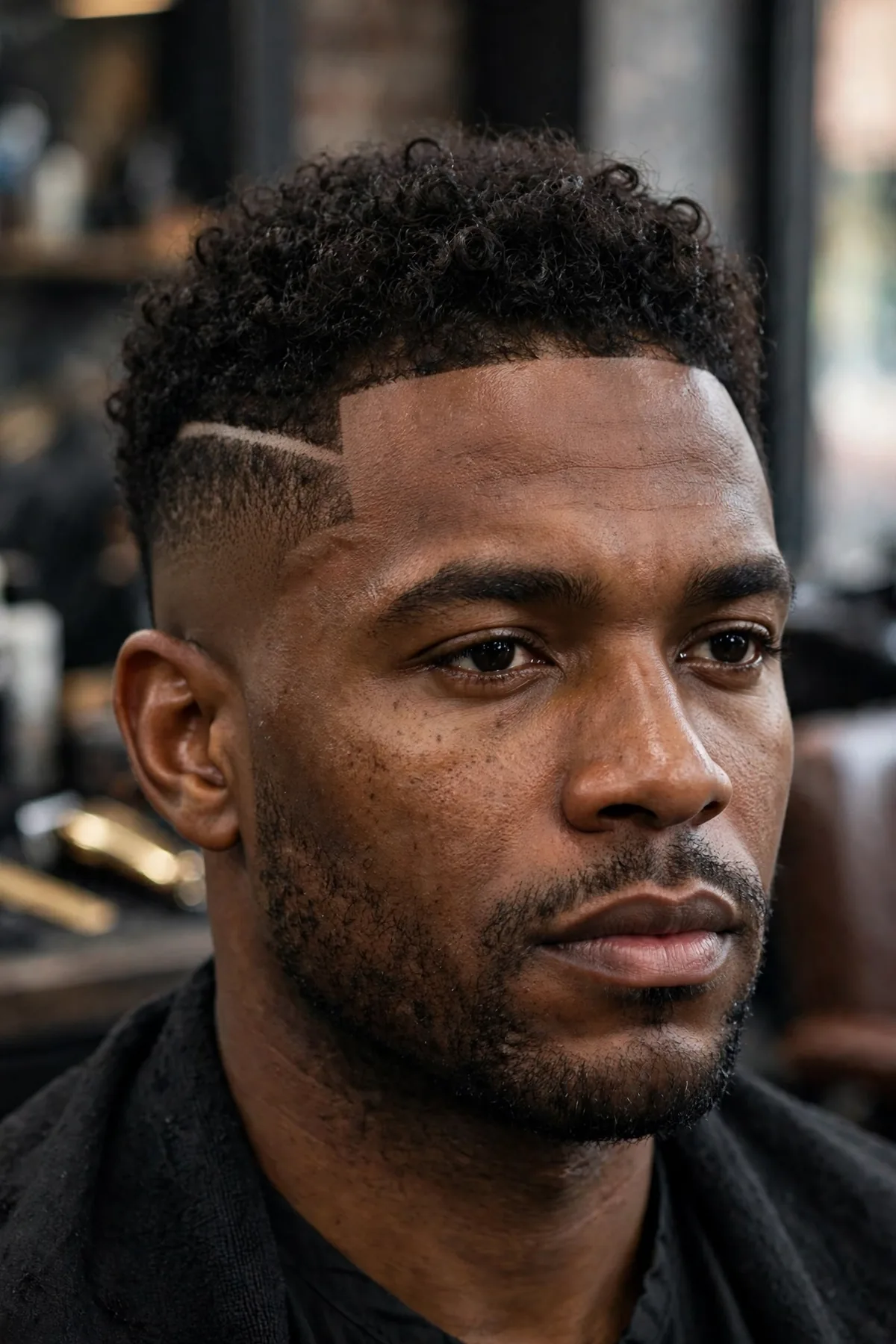 Curly fade with hard part haircut, razor-sharp hard part line with defined curls and clean fade