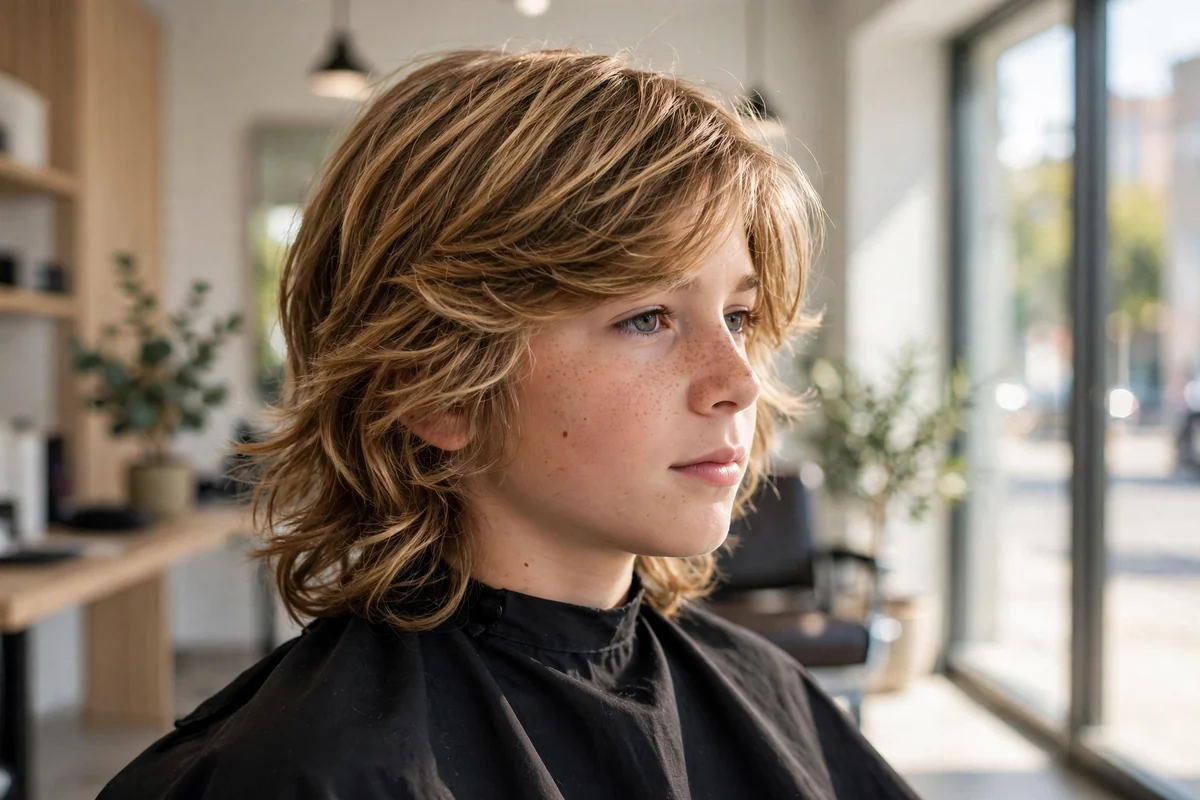 Boy with a surfer shag haircut, long sun-kissed layered waves with a beachy relaxed look