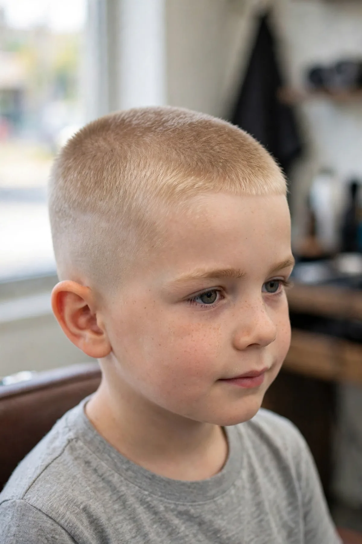 Little boy with a buzz cut and skin fade haircut for boys — even short buzz top with clean skin fade sides