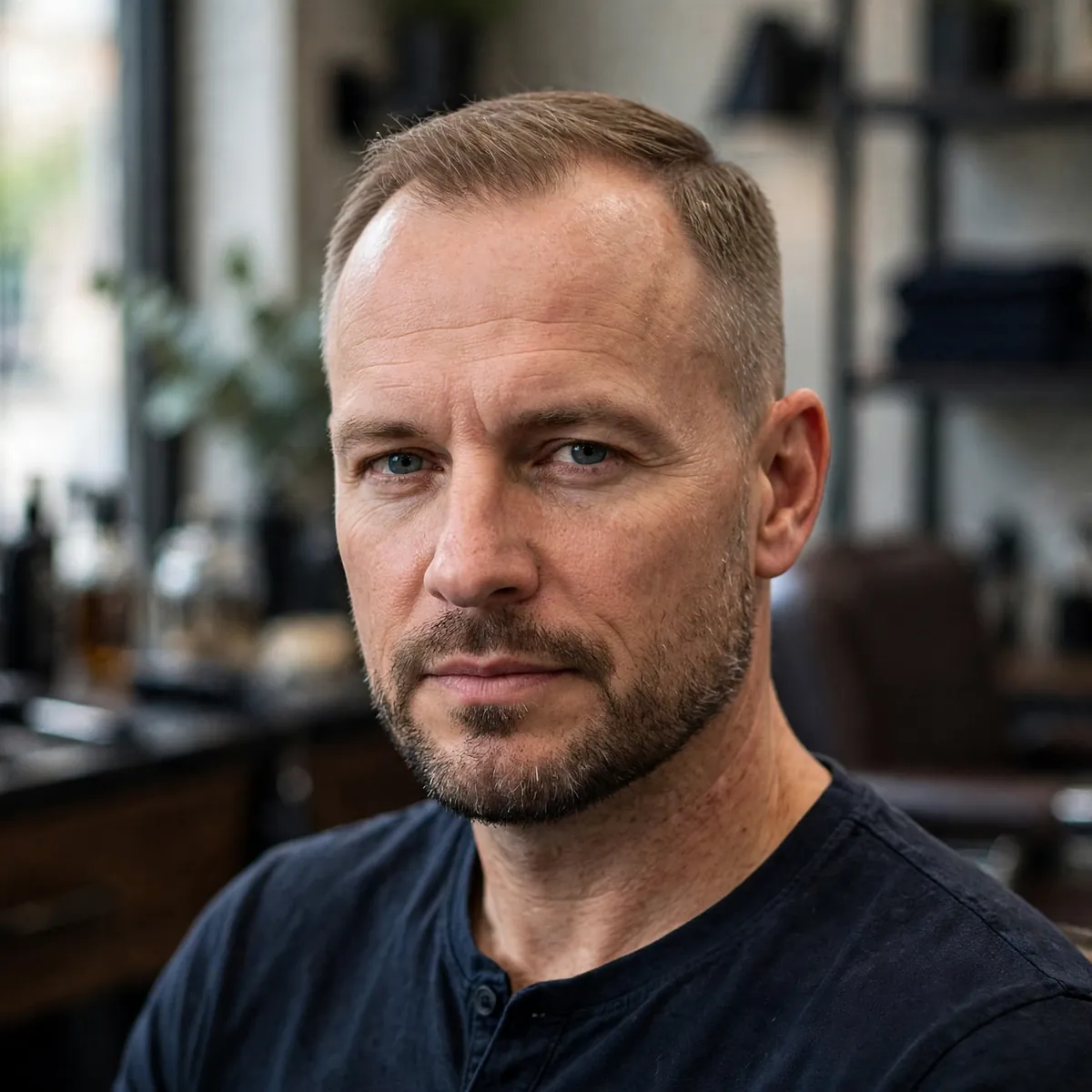 Crown-forward crew cut disguising thinning crown, best haircut for balding men with bald spot