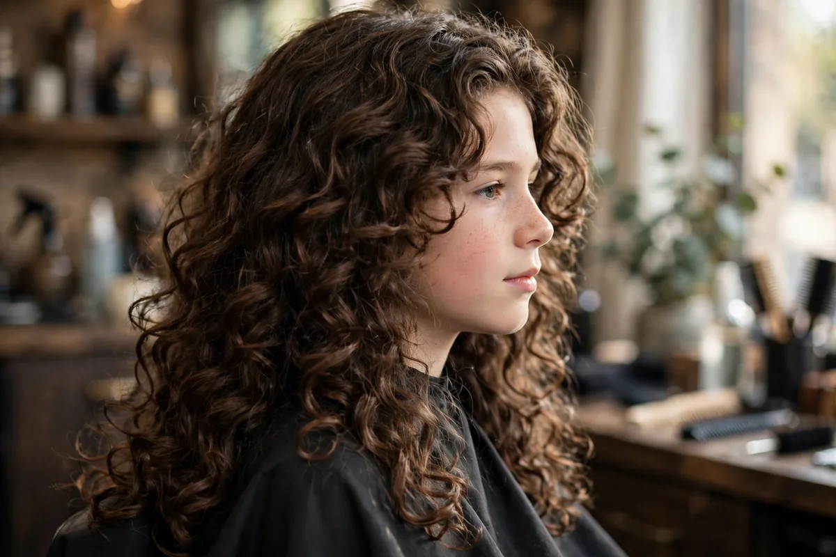 Photorealistic photo of a boy with long curly layers, springy curls falling past the ears with shaped layers and natural volume, premium barbershop curl styling. A great modern longer boy haircut for curly hair.