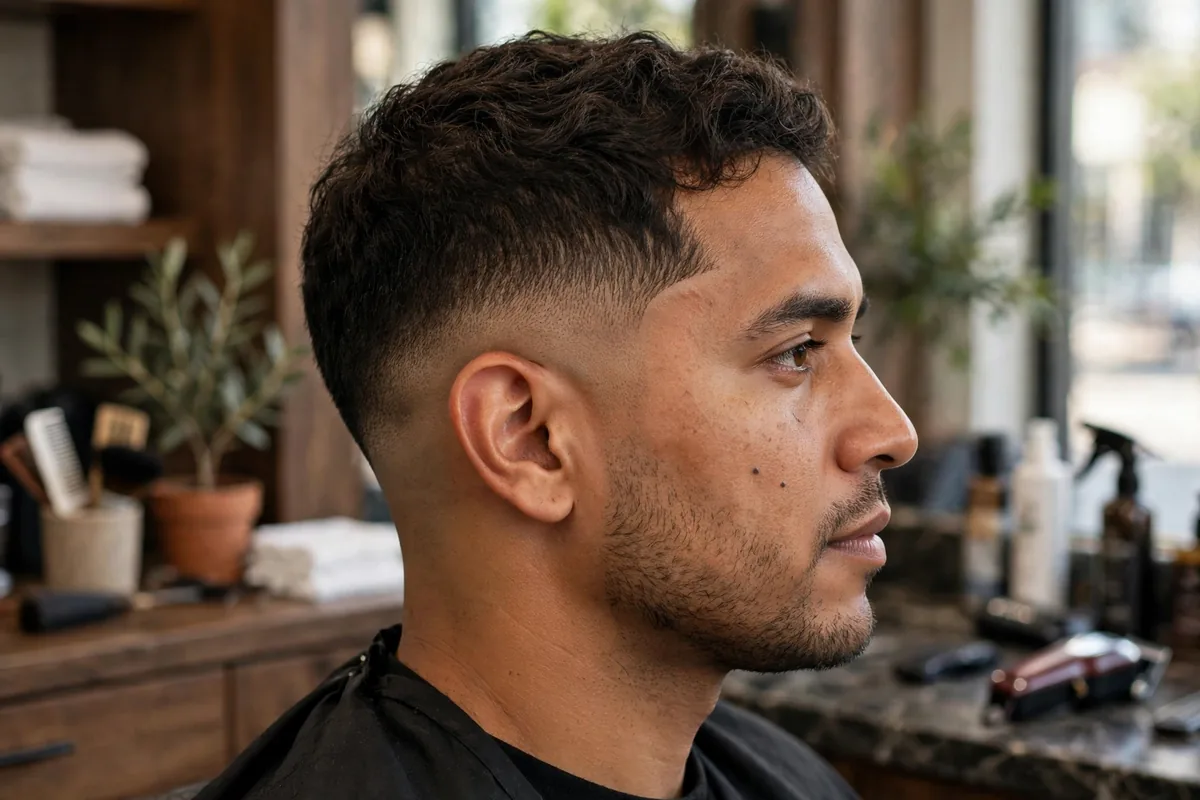 Low drop skin fade haircut, fade line dropping behind the ear to bare skin, short textured top, custom curved finish
