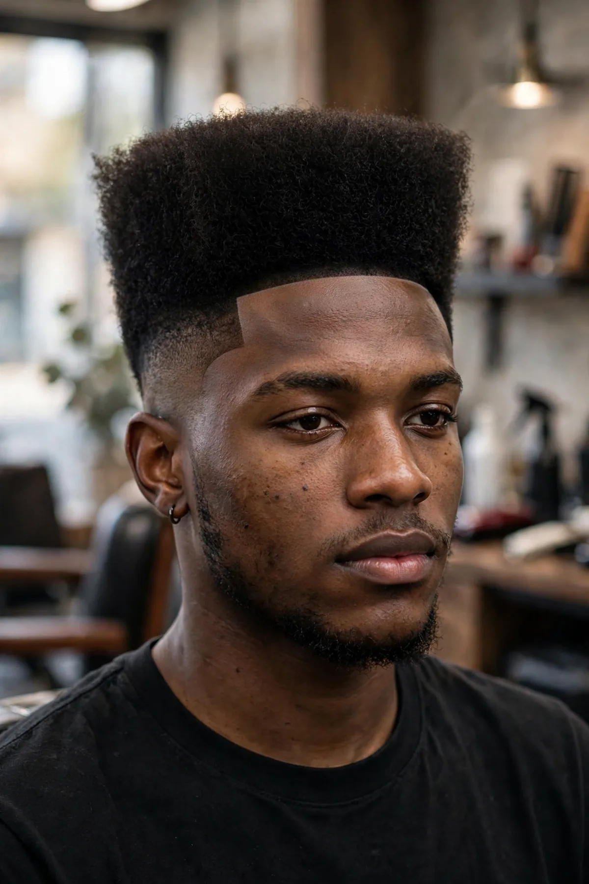 High top haircut with a line-up, tall squared top with a razor-sharp shaped hairline, precise barbershop photo