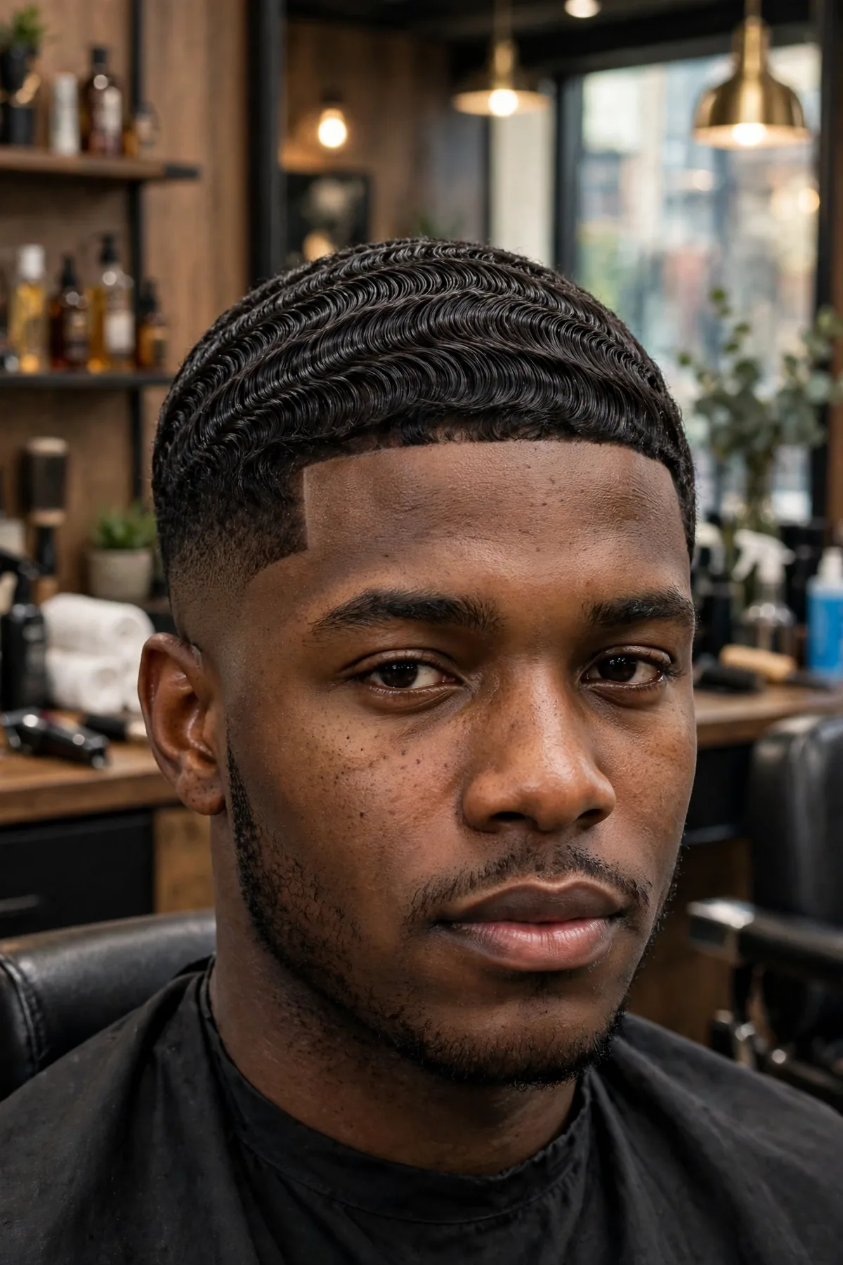 360 waves with shadow fade on a Black man, smooth rippling wave pattern across the head, soft shadow stubble fade at the sides, glossy defined waves