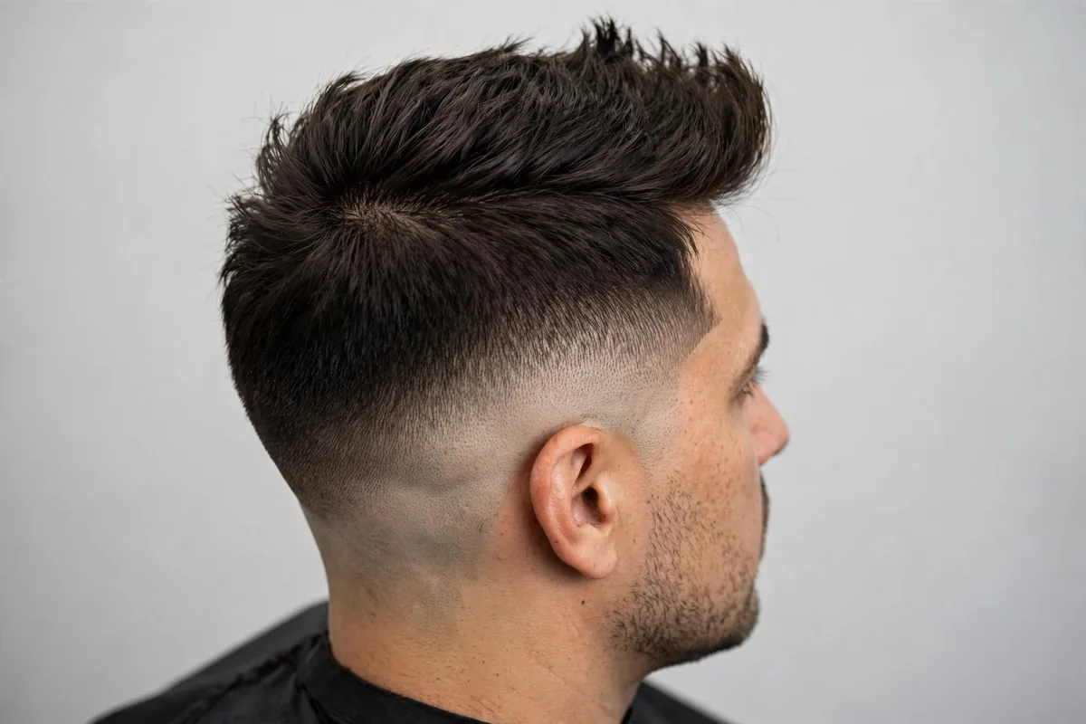 Faux hawk hairstyle with mid drop fade haircut, edgy barbershop photo