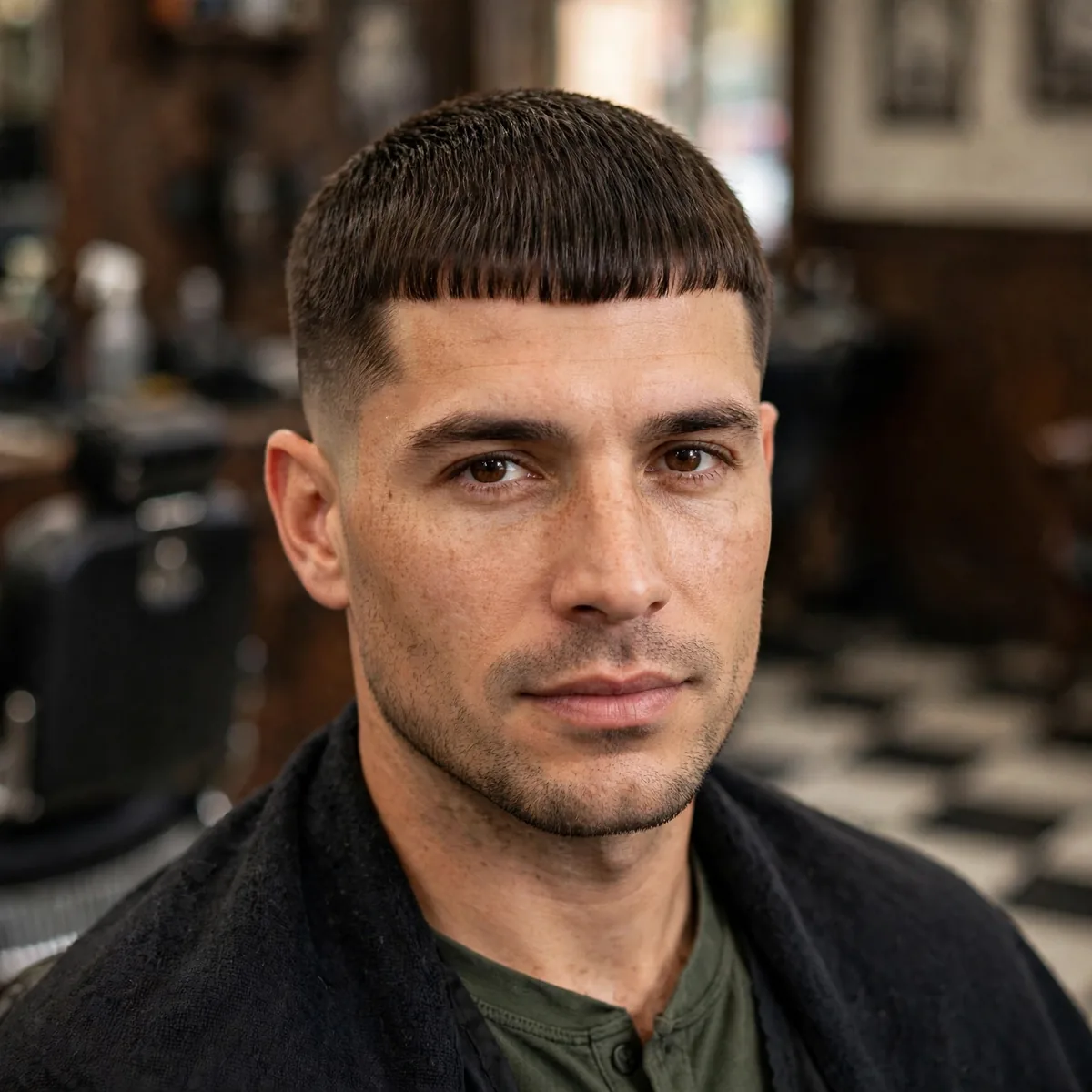 Caesar cut with even top length and straight fringe brushed forward, a timeless simple haircut for men