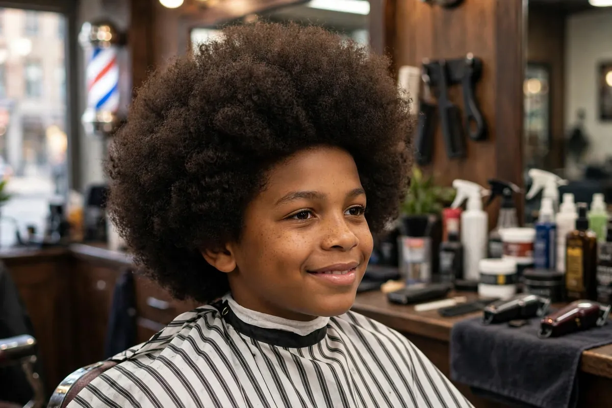 Long curly afro on a boy with big rounded picked out natural volume