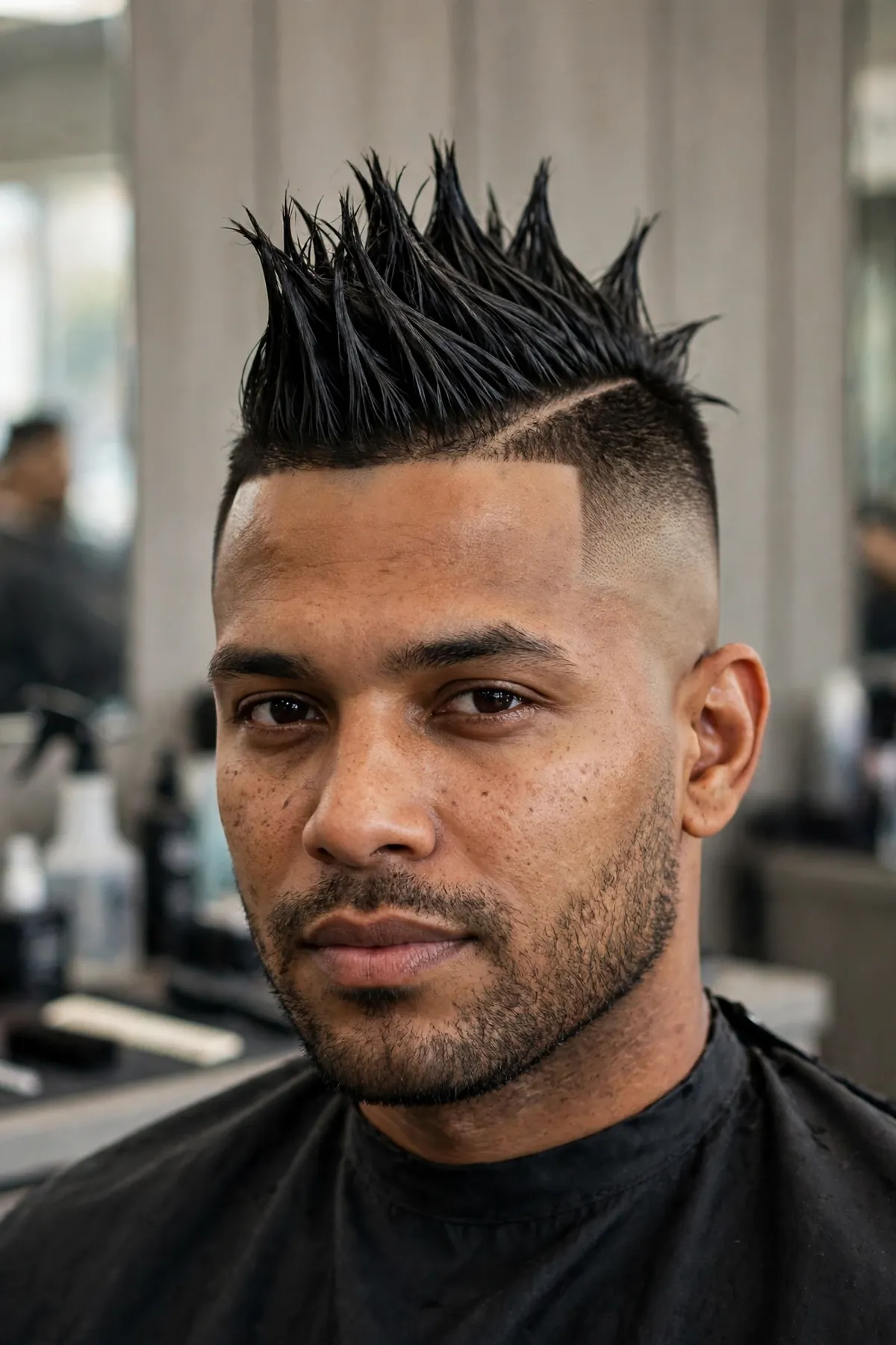 Mohawk with a high skin fade, spiked center strip and skin-tight sides