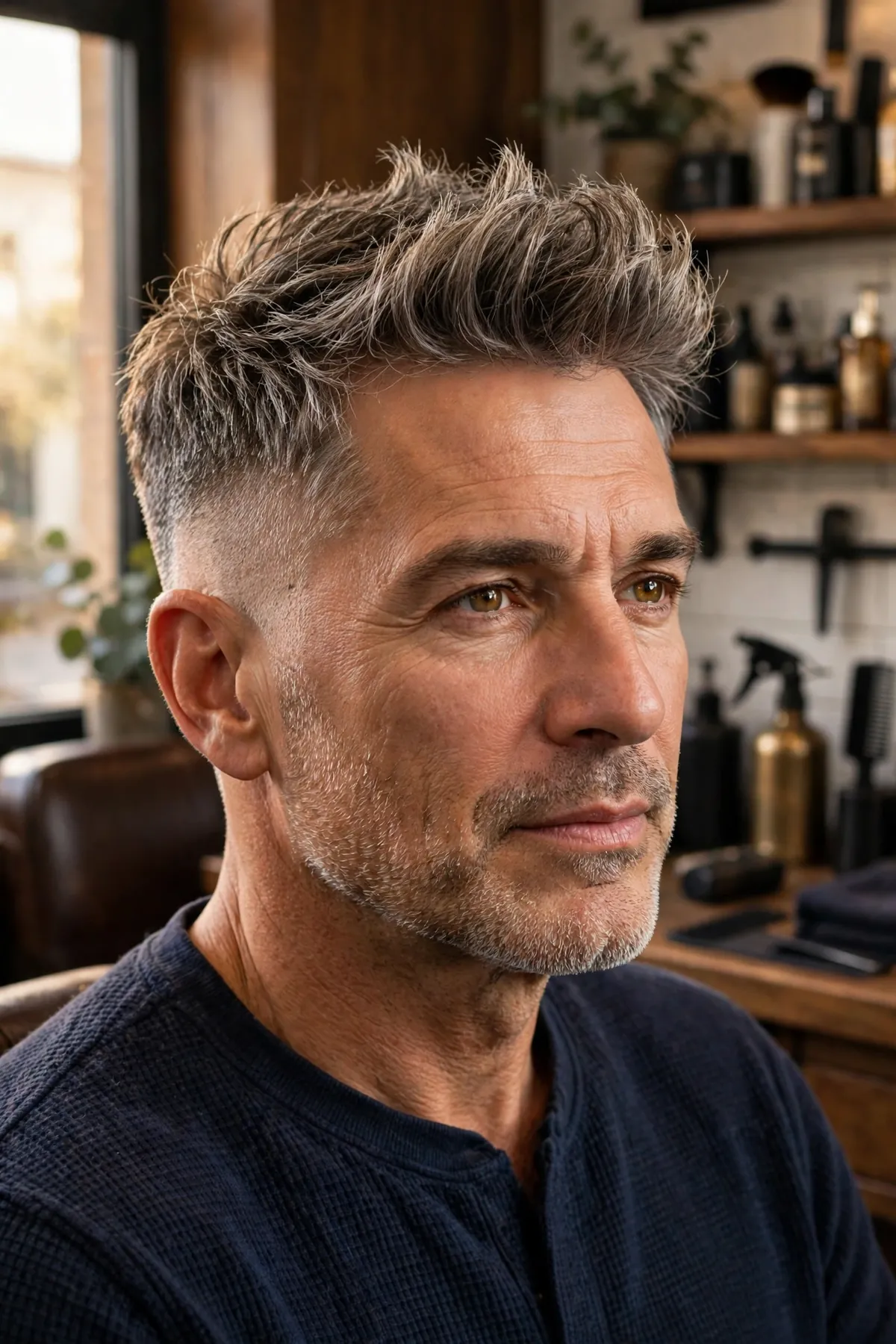 Older man with salt-and-pepper quiff haircut and low fade, mixed gray tones