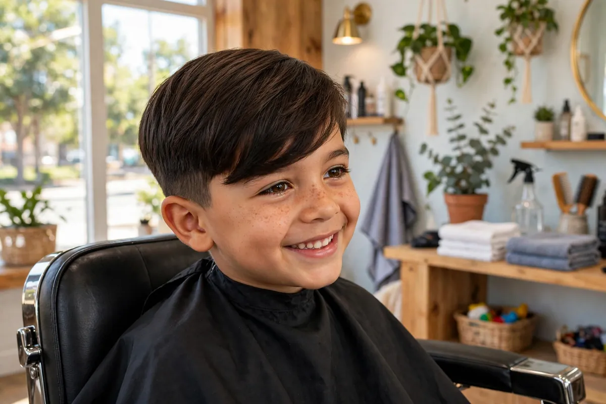 Boy with side-swept fringe and tapered sides, longer bangs swept across the forehead with neat sides, a trendy boys haircut