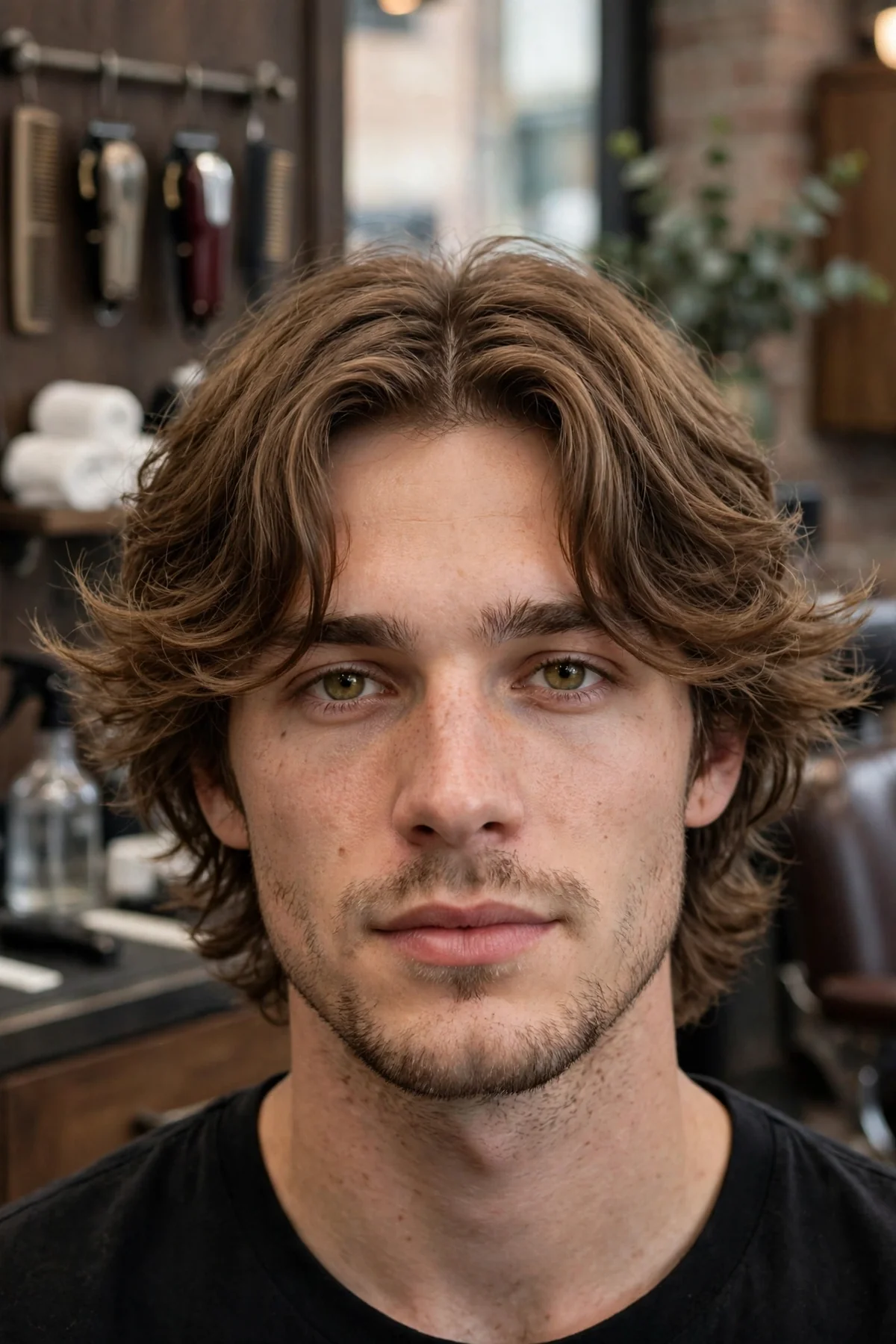 Wavy curtain bangs haircut for men with natural wave movement in the fringe