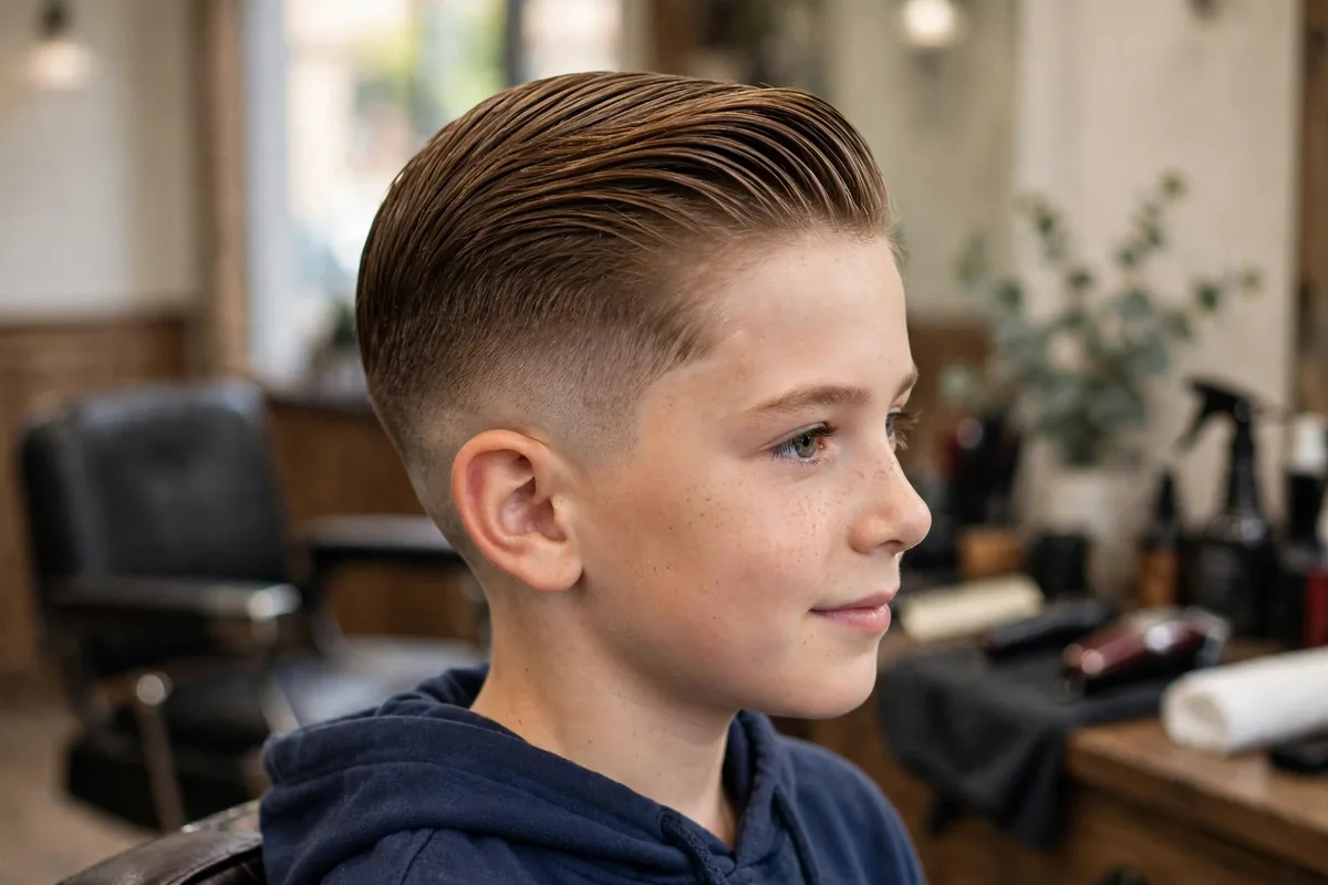 Slick back fade haircut for boys, longer top combed straight back with clean faded sides