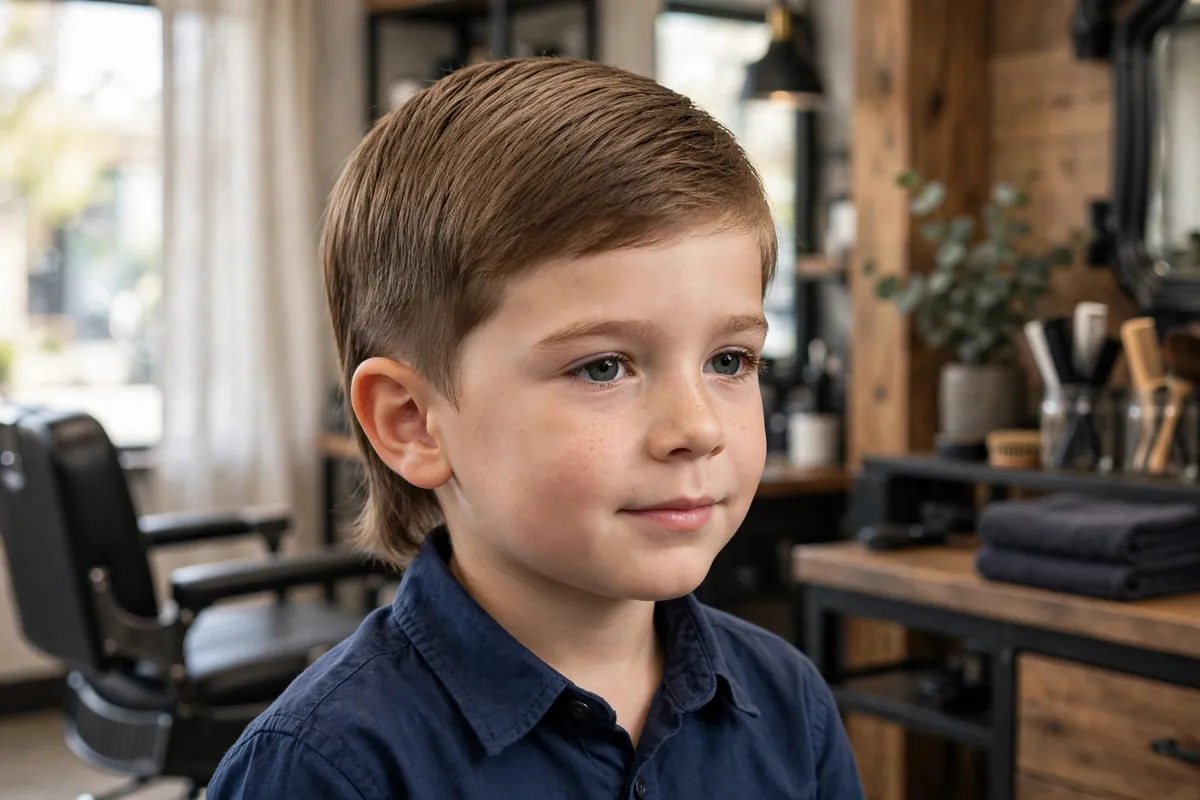 Little boy with a tidy school-safe kids mullet haircut — neat conservative cut, short top, modest slightly-longer back