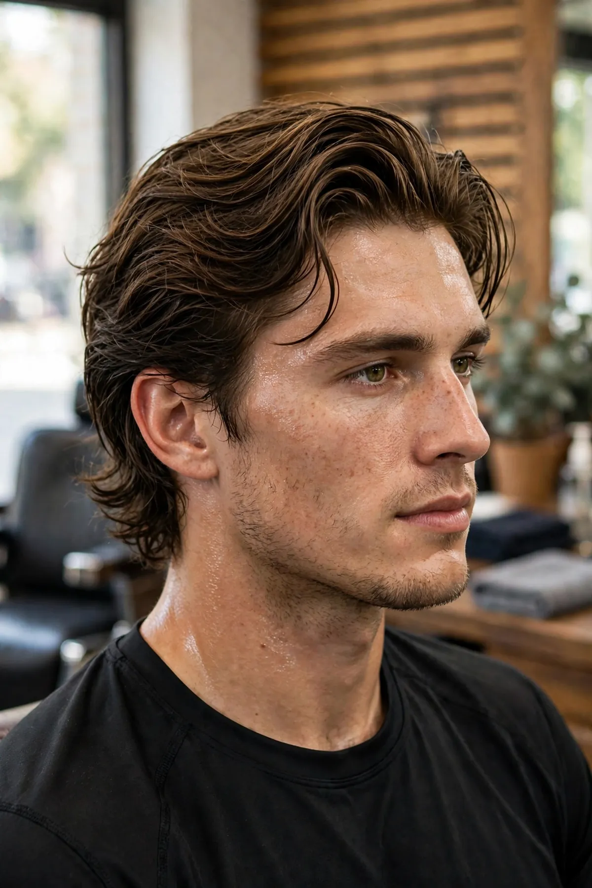 Athletic medium length flow haircut, sporty swept-back style on an active man